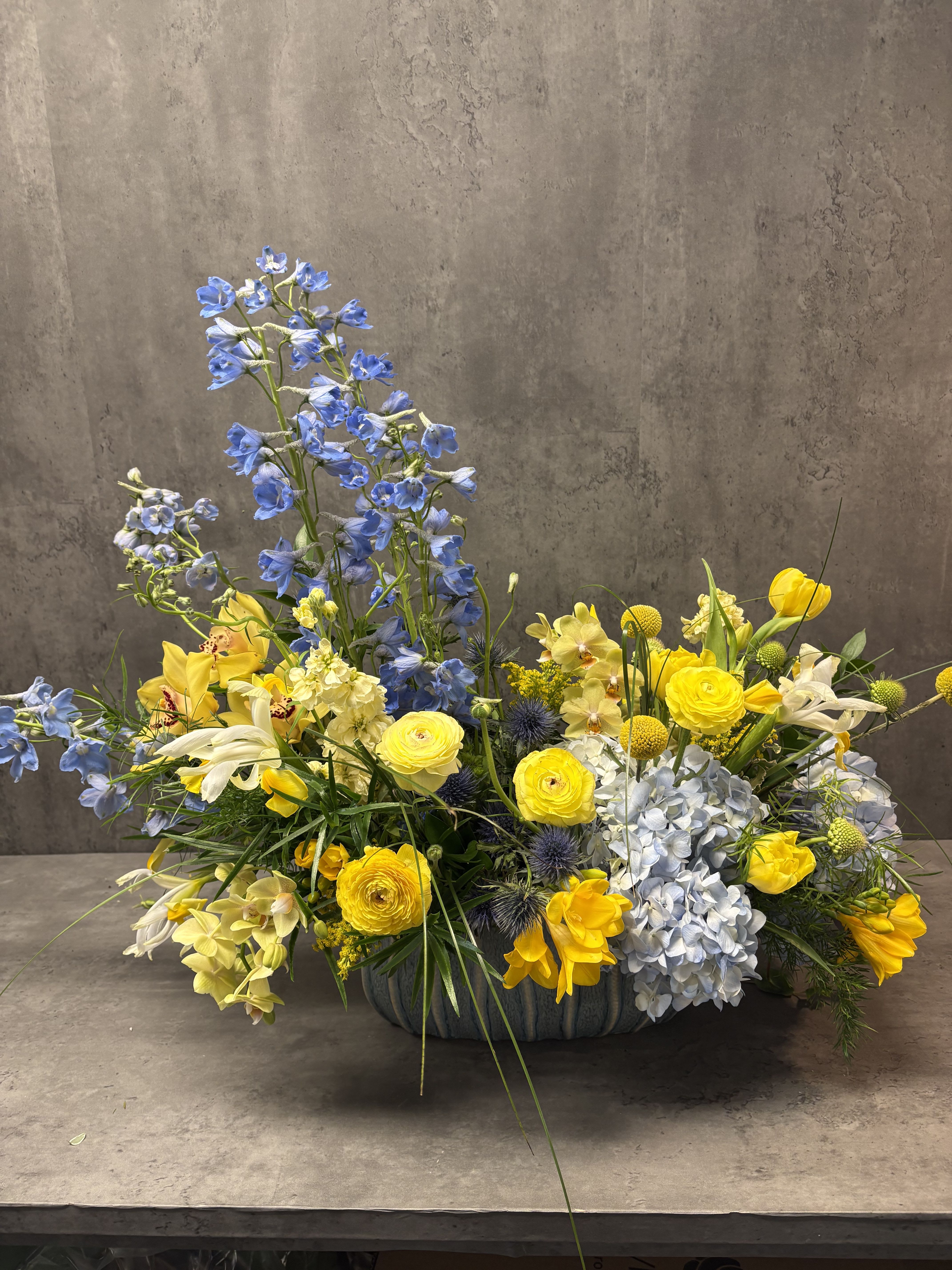 My Sun &amp; Moon - a beautiful collection of seasonal blues and yellows in a blue oval ceramic vase 