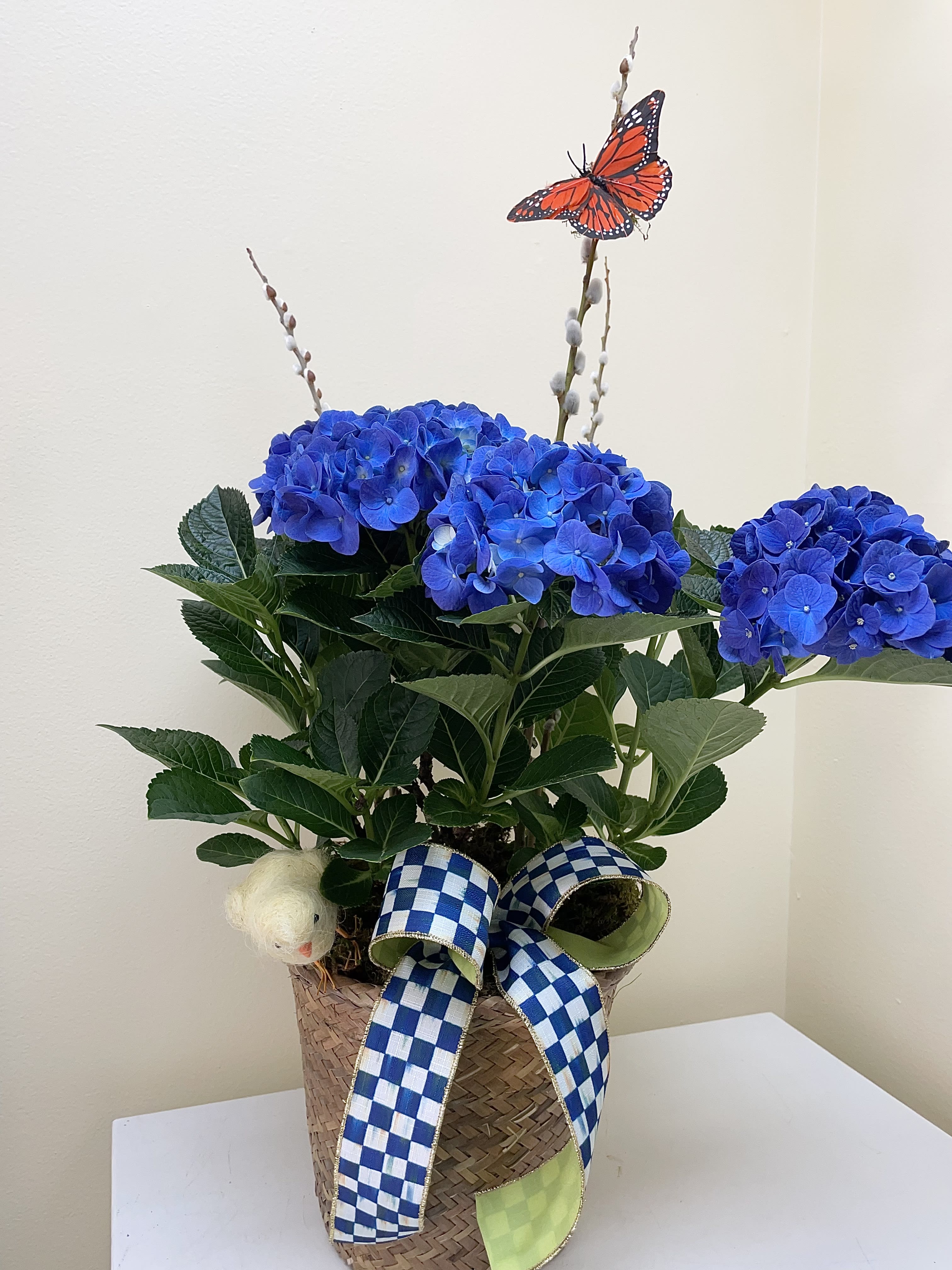 Easter Hydrangea - A beautiful hydrangea presented in a basket, with a huge Mackenzie-Childs ribbon and an Easter chick and butterfly with textural elements.