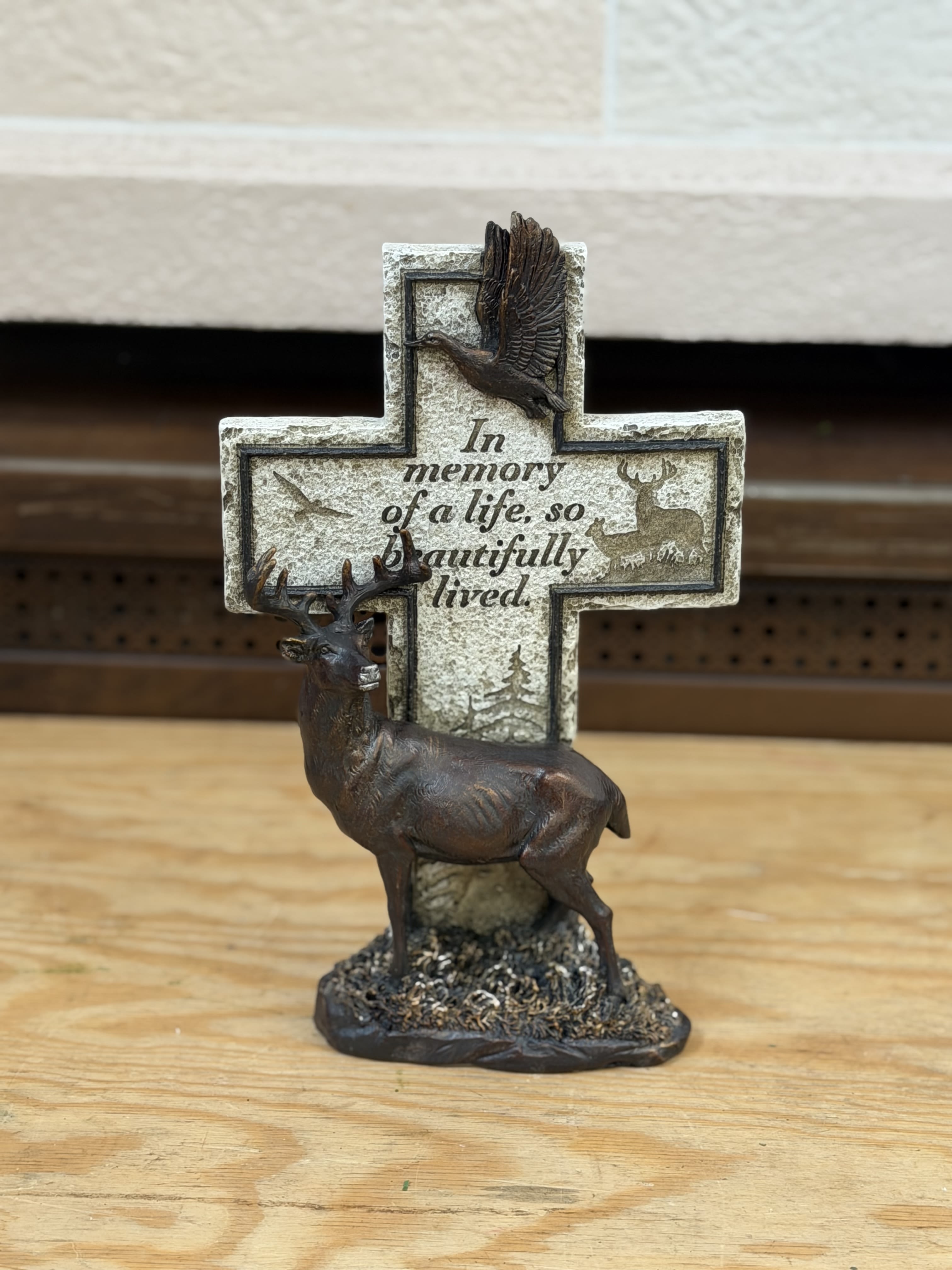 Deer Keepsake Cross  - A wildlife inspired keepsake cross with a deer.  Cross Reads: "In memory of a life, so beautifully lived" 