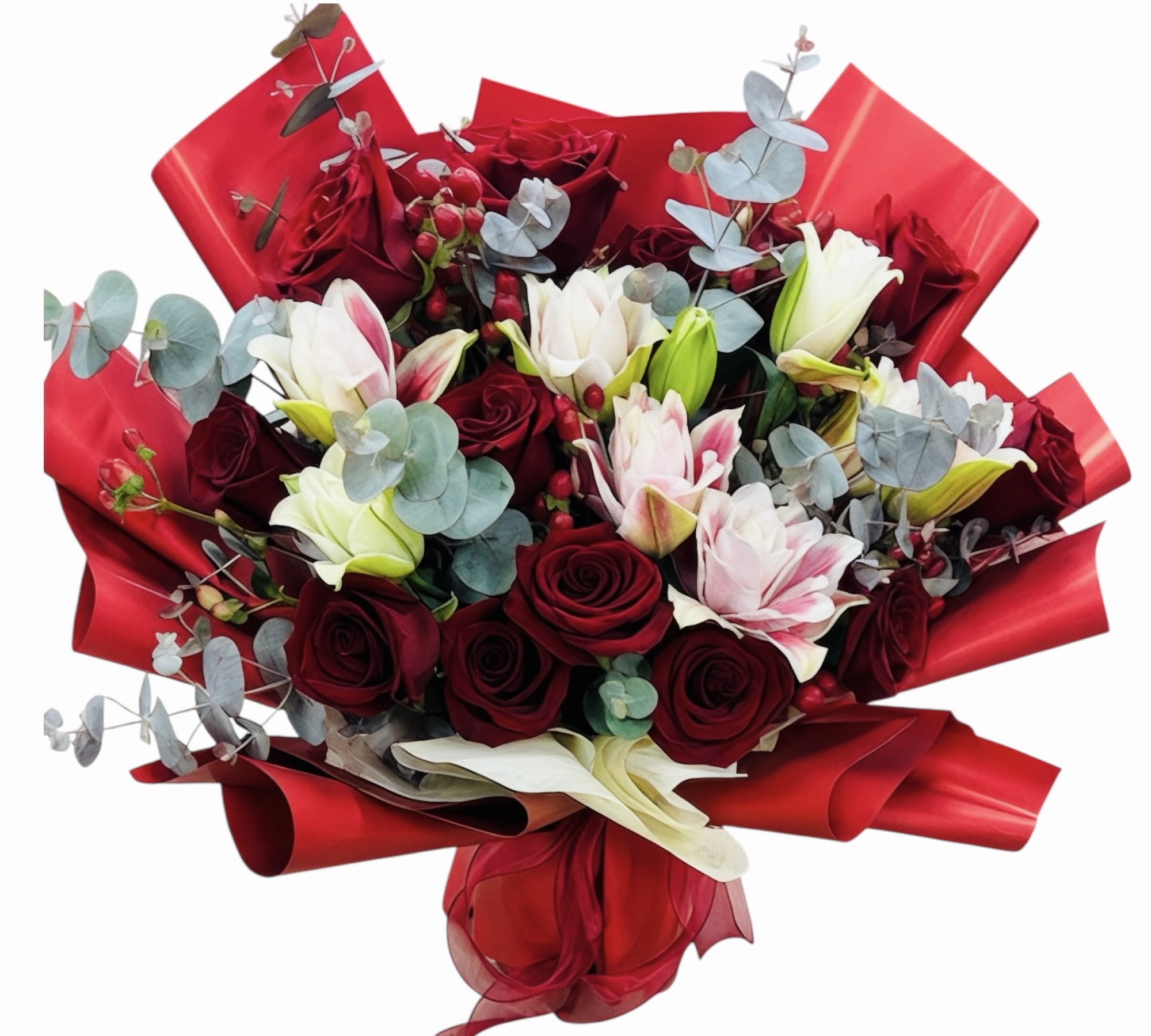 Red roses and lilies bouquet  - “A stunning bouquet featuring passionate red roses paired with elegant lilies. This timeless combination symbolizes love, admiration, and purity, making it perfect for romantic gestures, special occasions, or to brighten someone’s day.
