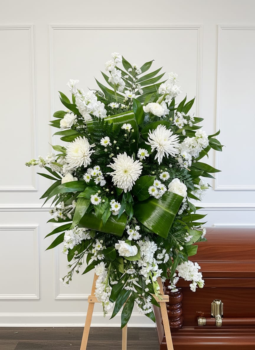 Modern Greenery  Tribute - A fresh, modern spray focused on rich greenery and soft white florals. White spider mums and stock add gentle texture, while montecasino brings light detail. Finished with tea leaf, leather, and palm foliage for a sleek, natural look.