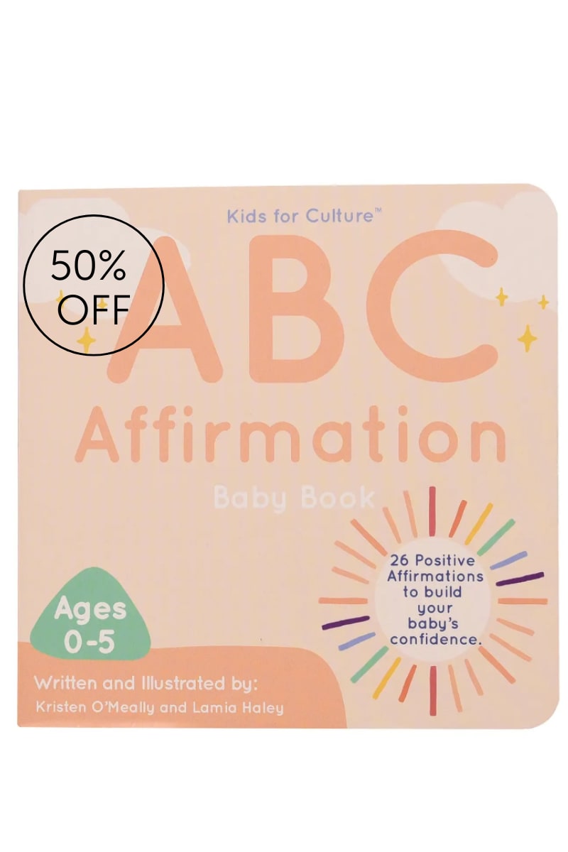 SALE 50% OFF- Kids for Culture - ABC Affirmation Baby Book  - The ABC Affirmation Baby Book (6" x 6” board book) includes 26 positive affirmations to build babies' confidence. This book is illustrated to mirror different skin tones. The book is designed to help babies learn the ABCs, boost confidence, and practice positivity. Whether daytime or night, enrich babies' day with these beautiful words of encouragement. 