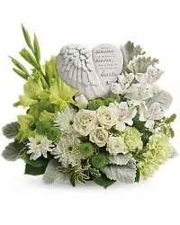 Everlasting Love Stone Heart - A serene and heartfelt keepsake stone heart arrangement featuring a soft blend of white spray roses, white alstroemeria, green button mums, and fresh assorted greenery. This elegant design combines the natural beauty of flowers with a lasting stone heart keepsake, creating a meaningful and enduring tribute.  Perfect for sympathy, remembrance, or honoring a cherished life, this arrangement symbolizes love, peace, and everlasting memories.