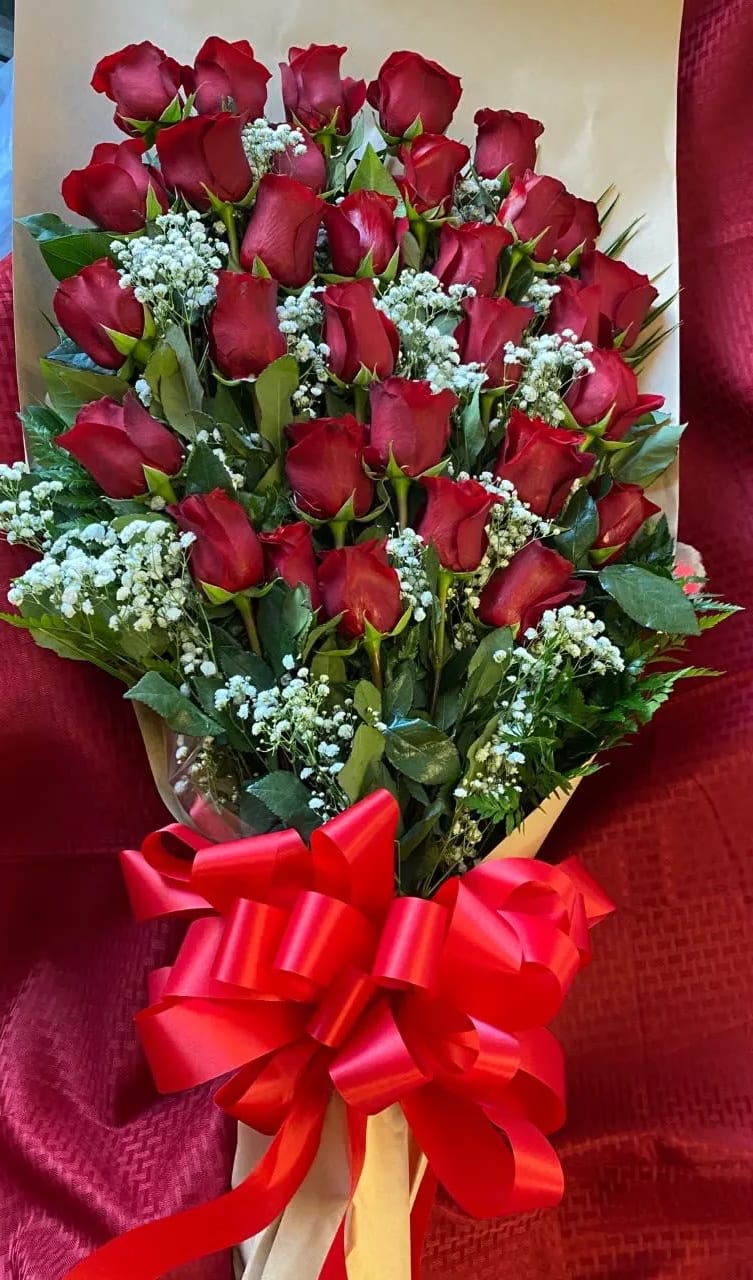 #181 - Romantic Reds - 30 Red Roses Wrapped in Brown Paper with a Red Bow. 