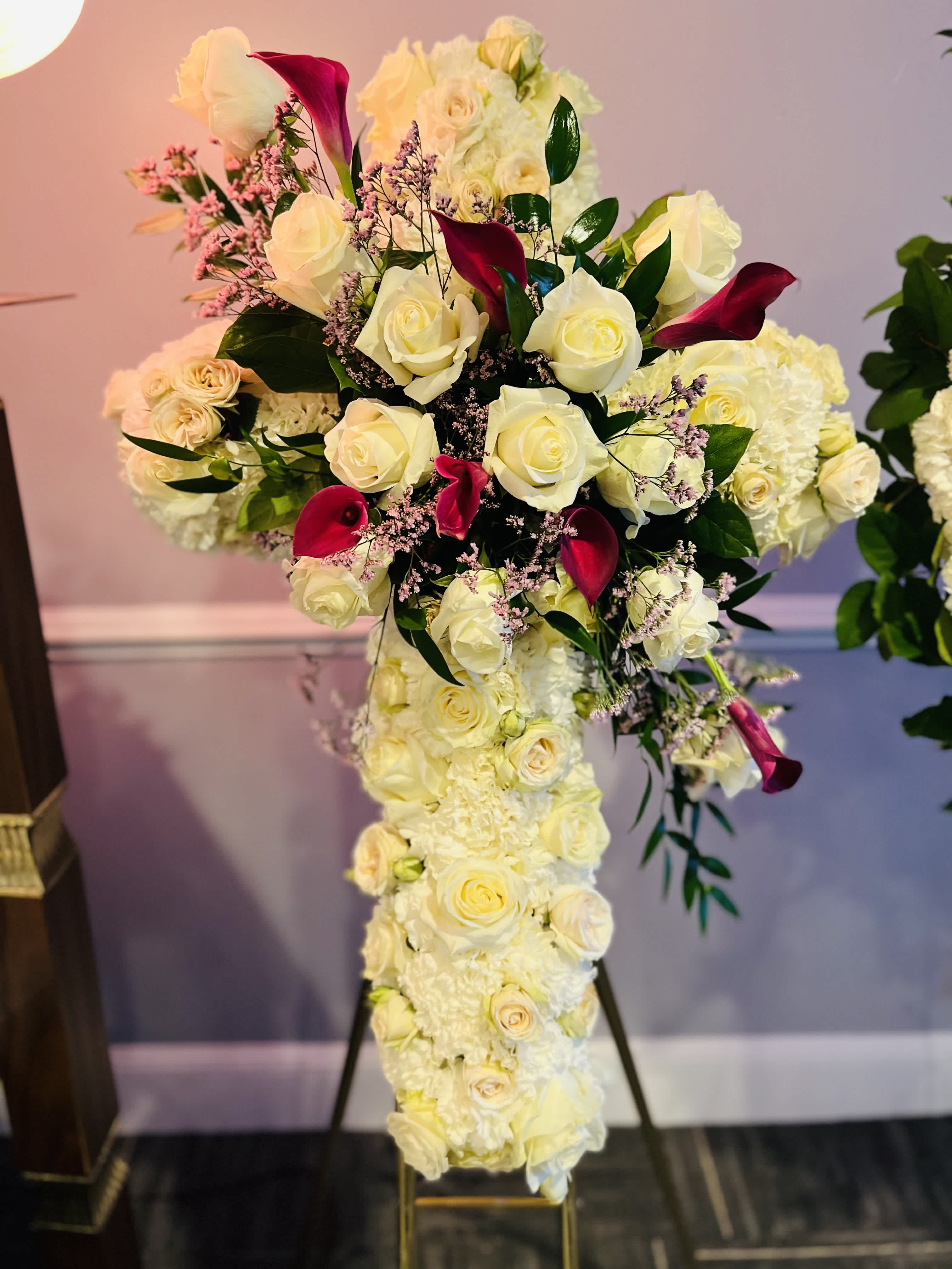 Blooming Cross  - 24 inch Cross with Cream roses, Carnations, Red Calla lilies and Greens 