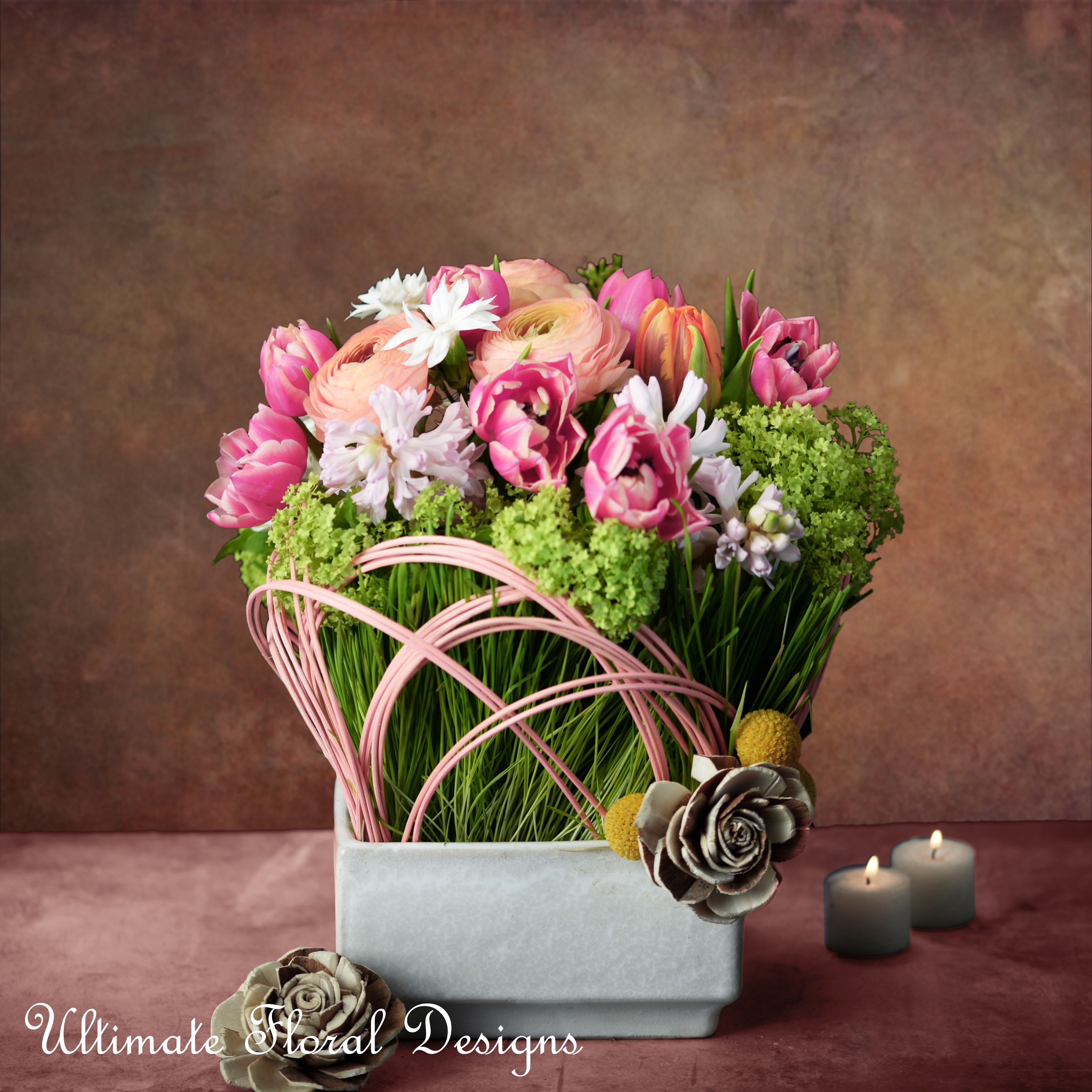 Hello Spring - “Spring comes: the flowers learn their colored shapes.” – Maria Konopnicka Vibernum, Ranunculus, Tulip, Hyacinth