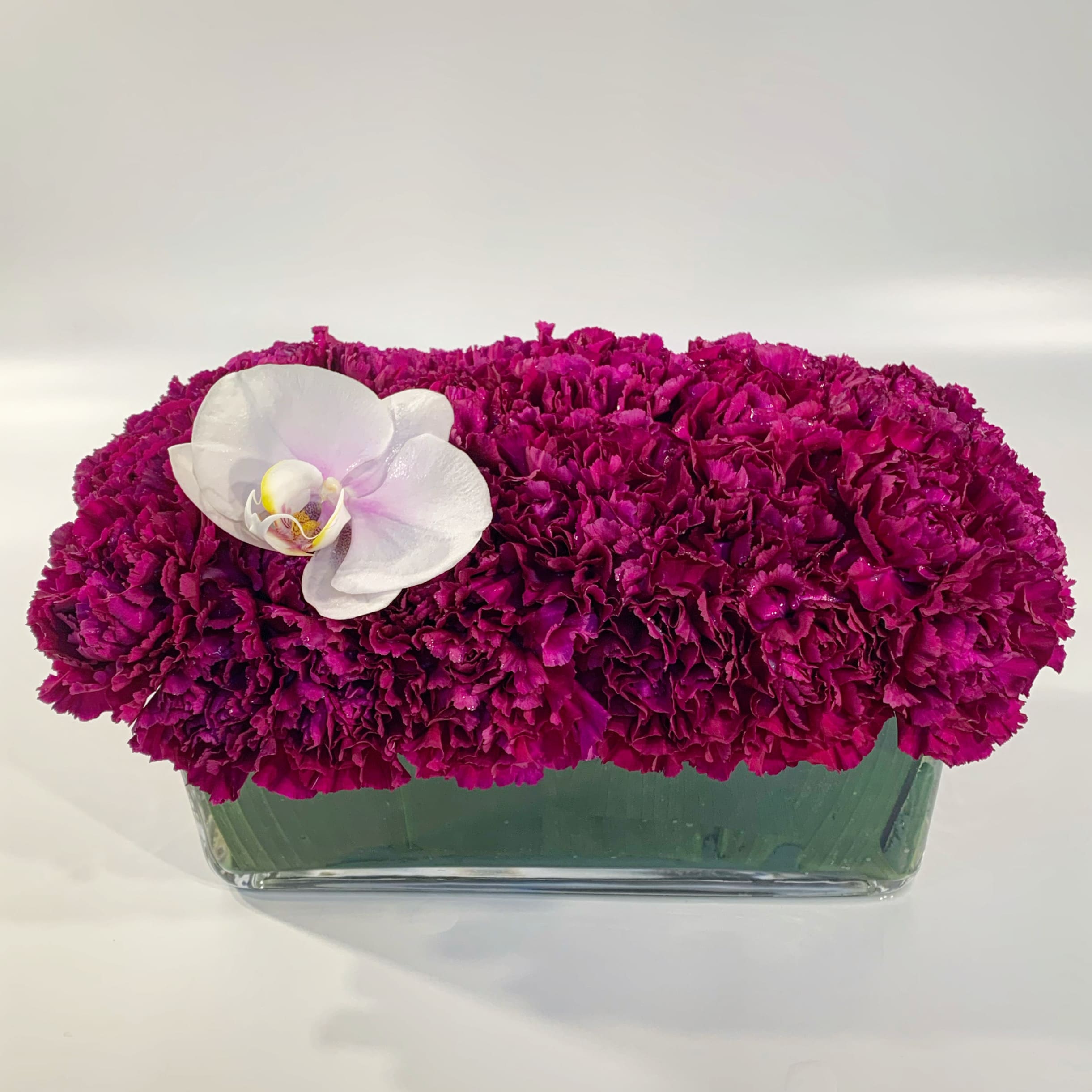 VOGUE - A minimalist, clean line design using rows of dianthus, and simple orchid blossom placed in a clear rectangular glass vessel.   *orchid and dianthus varieties may change seasonally. 