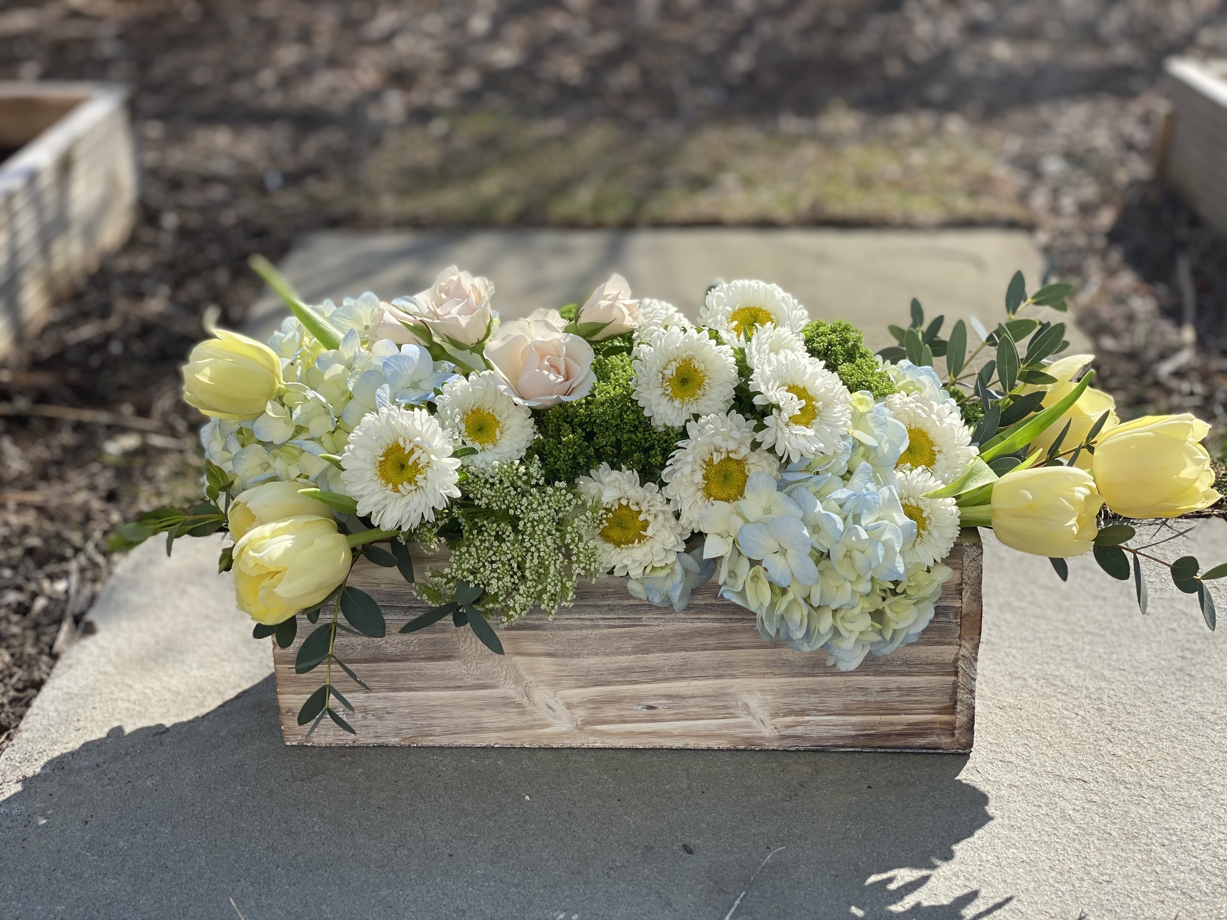 Box of Blooms Spring Edition  - Rectangle boxes are the perfect vessel for flowers creating a lush garden look that can add magic to any room.  Its timeless and a major hit with clients.   These boxes make a gorgeous gift! You can also plant in them after flowers expire- succulents and other small plants look great in these!   Expect a mix of premium florals - anenome, ranunculus, roses, hydrangea, tulips, sweetpeas. We see what looks best at the market.    NOTE- THIS IMAGE OF BUTTER YELLOW AND BLUE IS QUITE POPULAR BUT WE CAN DO IT IN ANY COLORS.  PLEASE INDICATE IN THE NOTES IF YOU WOULD LIKE SPRING COLORS.   Standard=  Rectangle Pine - 10"x 4.5 " W x 4.5 " D- we design the flowers well exceeded vessel size- expect florals to be approx 14" in length Deluxe = a rectangle longer box that is 14"L x 5" W- we use even more flowers and its spectacular!  UPGRADE TO PLATED GLASS.  Plated glass vessel approx 17"L x 3" W- It is a stunner &amp; you will keep it forever.   