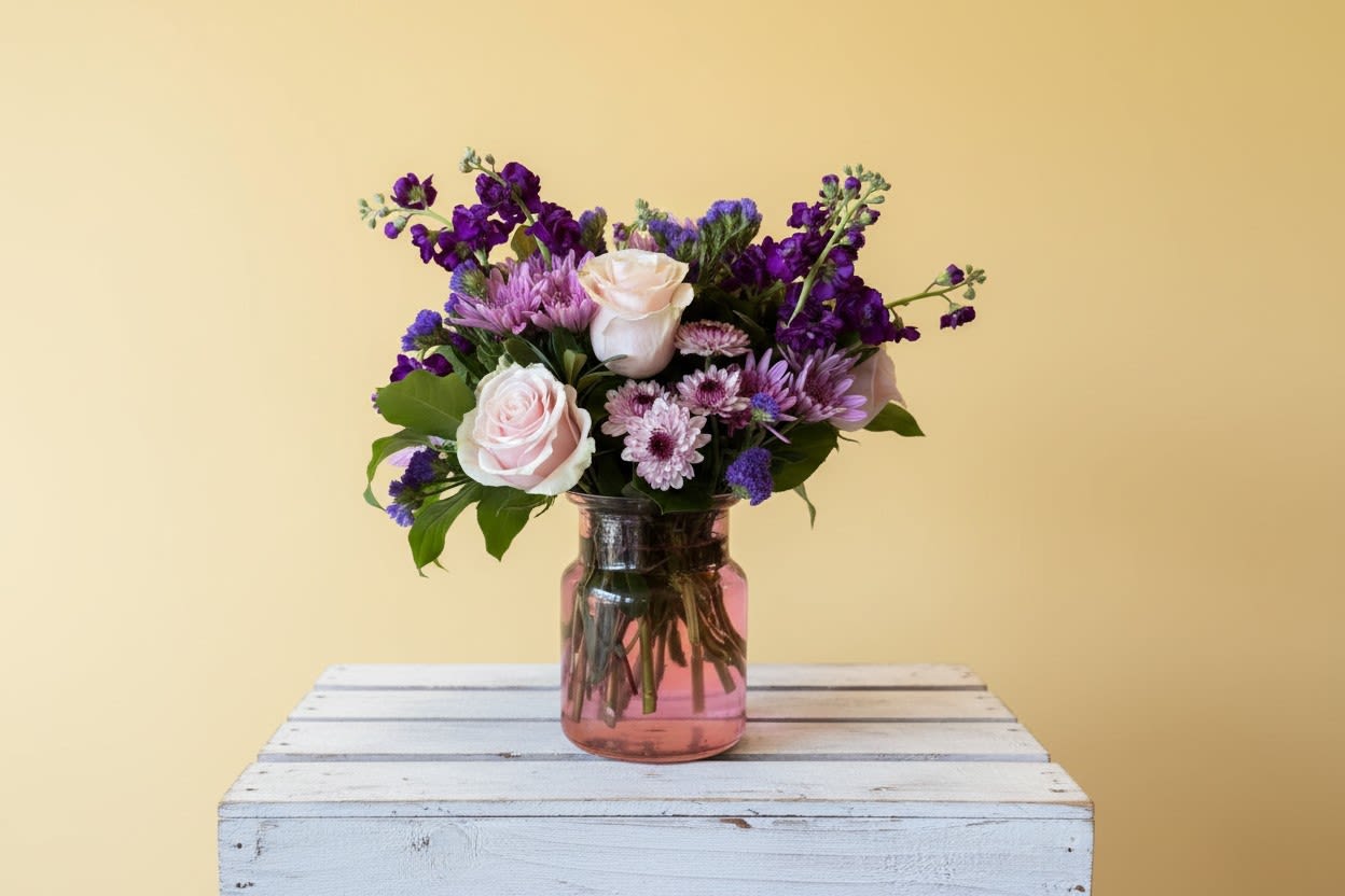 Coming Home - A selection of pink and purple flowers come together in an eye-pleasing arrangement. This arrangement makes a great gift for Mother's Day, Women's Day, or as a thinking of you present.  Approximate Dimensions: 16''D x 10''H