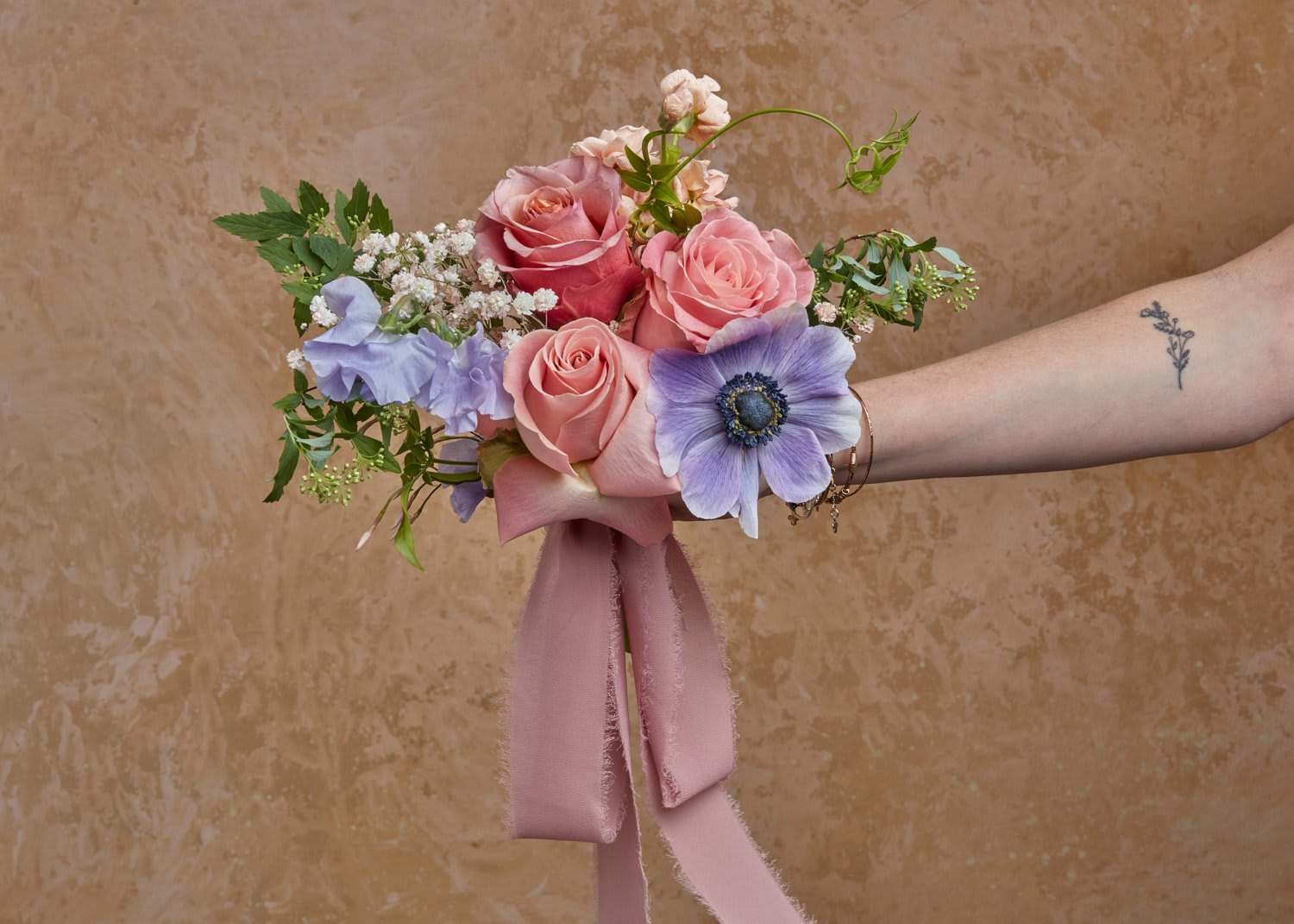 Petite Bouquet  - A petite bouquet filled with gorgeous blooms! Perfect for bridesmaids, Mother Nosegay, or any VIP in your wedding party. This bouquet is hand tied and finished with romantic chiffon ribbon in a coordinating color.  Select your preferred flower color palette, or choose "Custom Palette" and leave your color preference in a note during checkout.  Flowers vary based on seasonal availability. For custom color or flower requests, please order at least 3 weeks ahead of your event.  *Leave color palette choice in notes during checkout