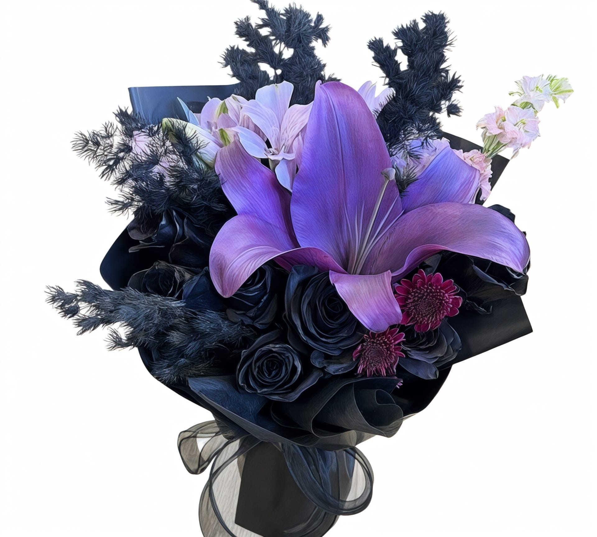 Black roses bouquet  - Elegant and mysterious, this black roses bouquet creates a bold and unforgettable impression. The deep, dramatic tones make it perfect for modern styles, special themes, or someone who loves something unique and different.  ️Please note that all the flowers in this bouquet are not natural color. These flowers are carefully tinted or dyed to achieve their rich color shade while still keeping the beauty and freshness of real flowers. A stunning choice for making a strong statement with beauty and sophistication   No need to unpack the package .or any maintenance.Comes with floral foam gives flowers all the nutrition and moisture it needs.