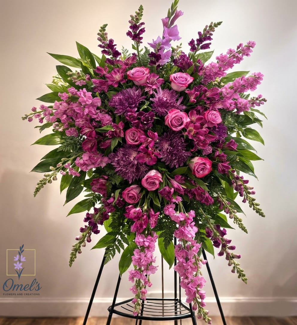 Purple Remembrance Expression - A tall, formal standing spray in jewel-tone pinks and purples that reads with dignity and warmth-the perfect sympathy arrangement or memorial tribute to honor a life. This flower arrangement for a funeral or commemorative service places clusters of pink roses and deep purple chrysanthemums at its heart so the person you're remembering feels celebrated, while upward-fanning snapdragons and cascading spikes give the piece a graceful, ceremonial silhouette.  Textural alstroemeria and smaller filler blooms weave between the larger flowers for depth, and lush green foliage provides a bold backdrop that makes the colors sing. Mounted on a black metal stand, the display presents a full, symmetrical fan shape that reads well at the front of a service or graveside; the grand scale and rich palette also suit large-scale gestures for significant life events.