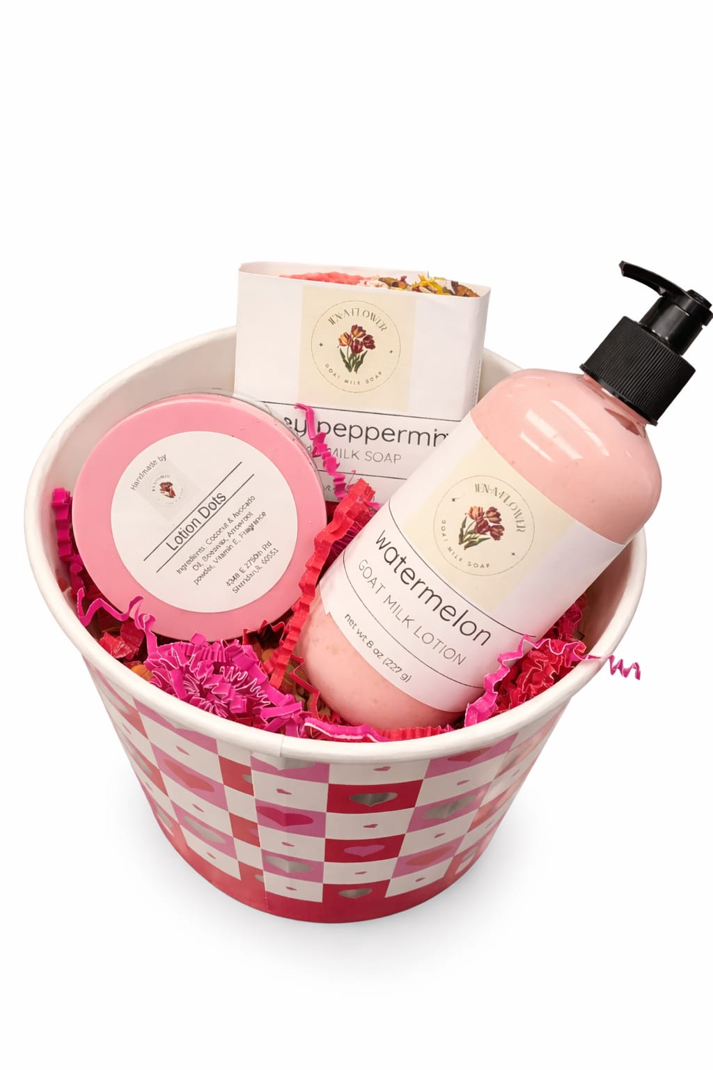 Jen-A-Flower Goat Milk Soap Trio - Goat Milk Lotion (Watermelon fragrance truly refreshing ingredients almond, avocado oil, emulsifying wax, stearic acid, shea butter, distilled water, goat milk, preservative, fragrance.) Honey- Peppermint goat milk soap provides deep hydration, gentle exfoliation, nourishment.  Lotion dots fragrances blue island waters, pink-watermelon, green eucalyptus, yellow lemon, purple lavender