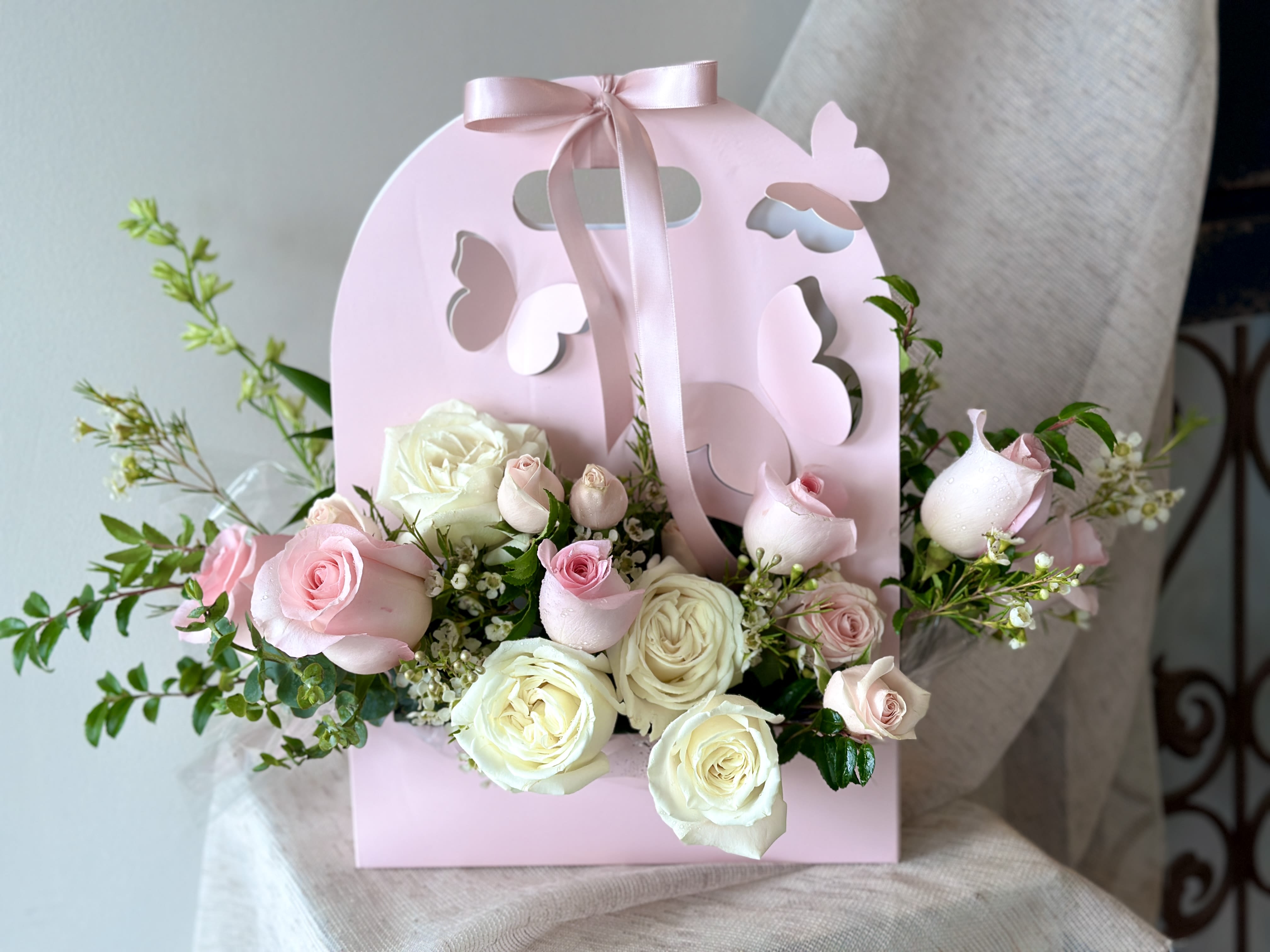 Pink Butterfly Garden Box - A beautiful mix of White and Pink roses in a Butterfly Garden Box! Perfect as a gift, for a picnic, and more.