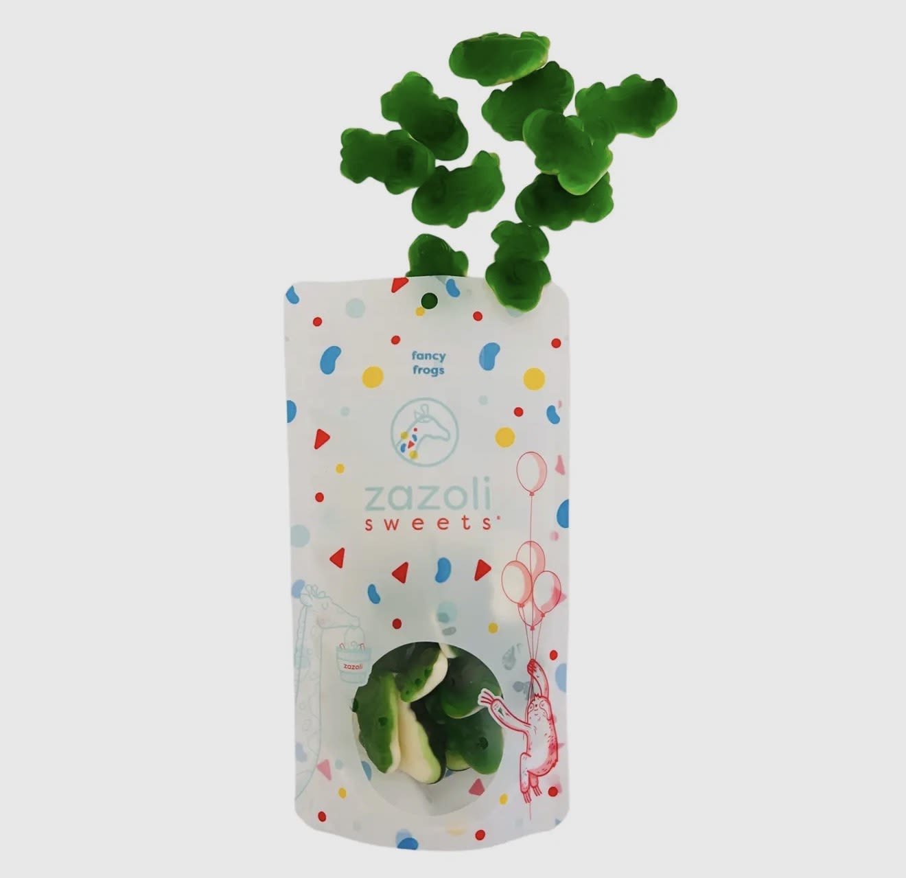 Fancy Frogs - Fancy Frogs  Gummy Frogs are the answer for the sweet tooth that is also craving something chewy. The frog-shaped gummies, which have a Tutti Frutti flavor, have a green gummy outside and a white marshmallow belly for a contrast in color that gives them a fancy flair.  Net Wt. 4 oz.