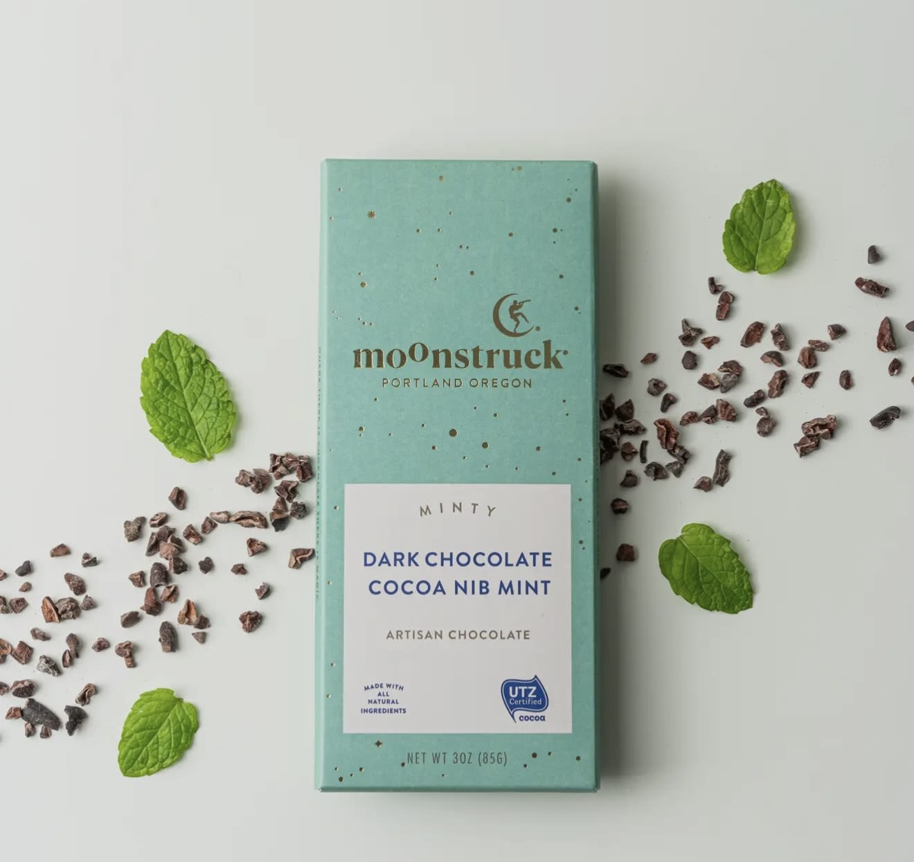 Minty Dark Chocolate Bar - Fresh notes of Oregon mint flourish in the dark chocolate depths of this elegant bar, studded with a constellation of cocoa nibs.  