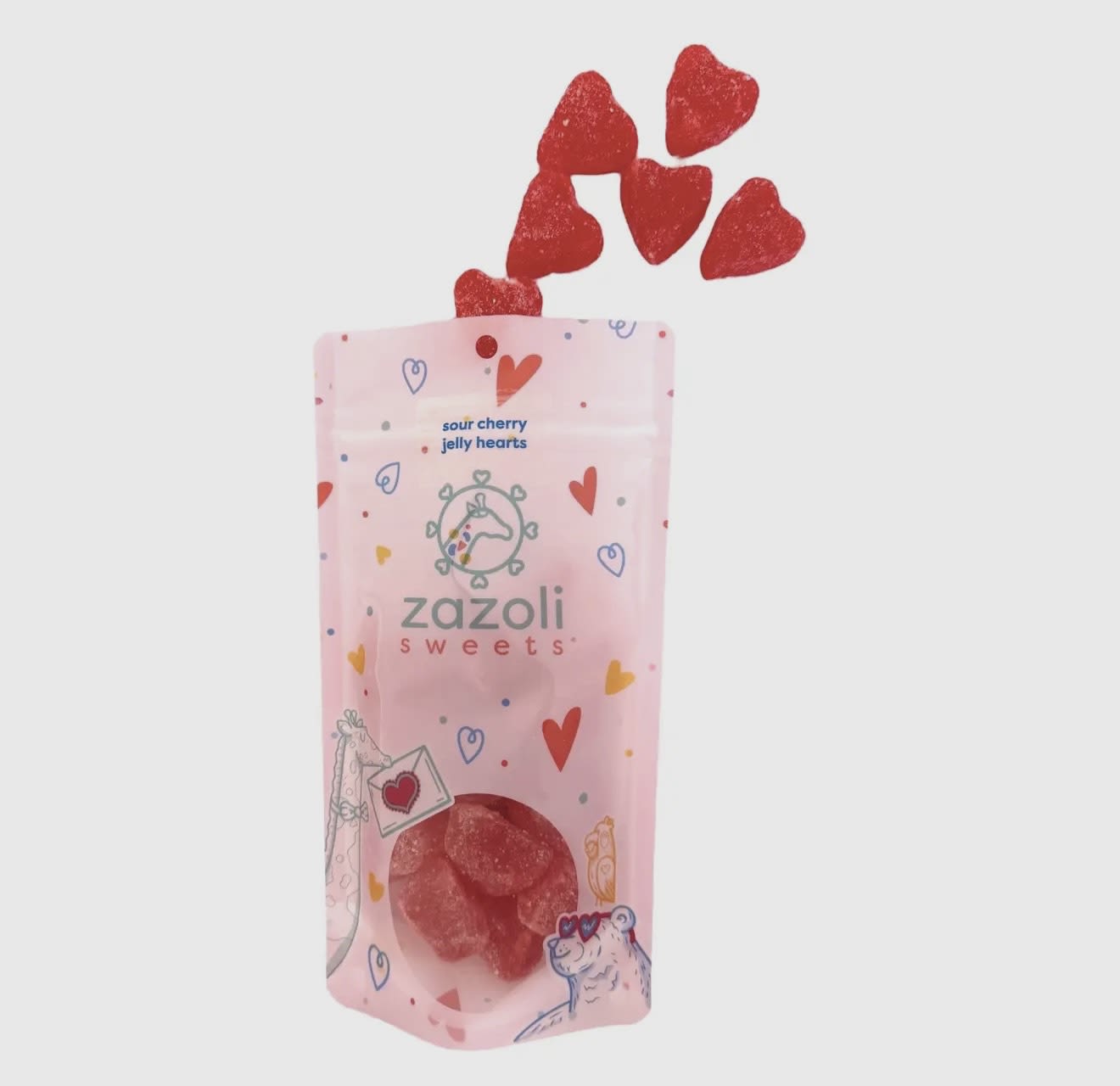 Sour Cherry Jelly Hearts - Sour Cherry Jelly Hearts  Outrageously sour cherry flavored jelly hearts. Perfect for the sour lover in your life!  Available in our NEW exclusive "love is in the air" pale pink zippered pouch!  Net Wt. 4.2 oz.