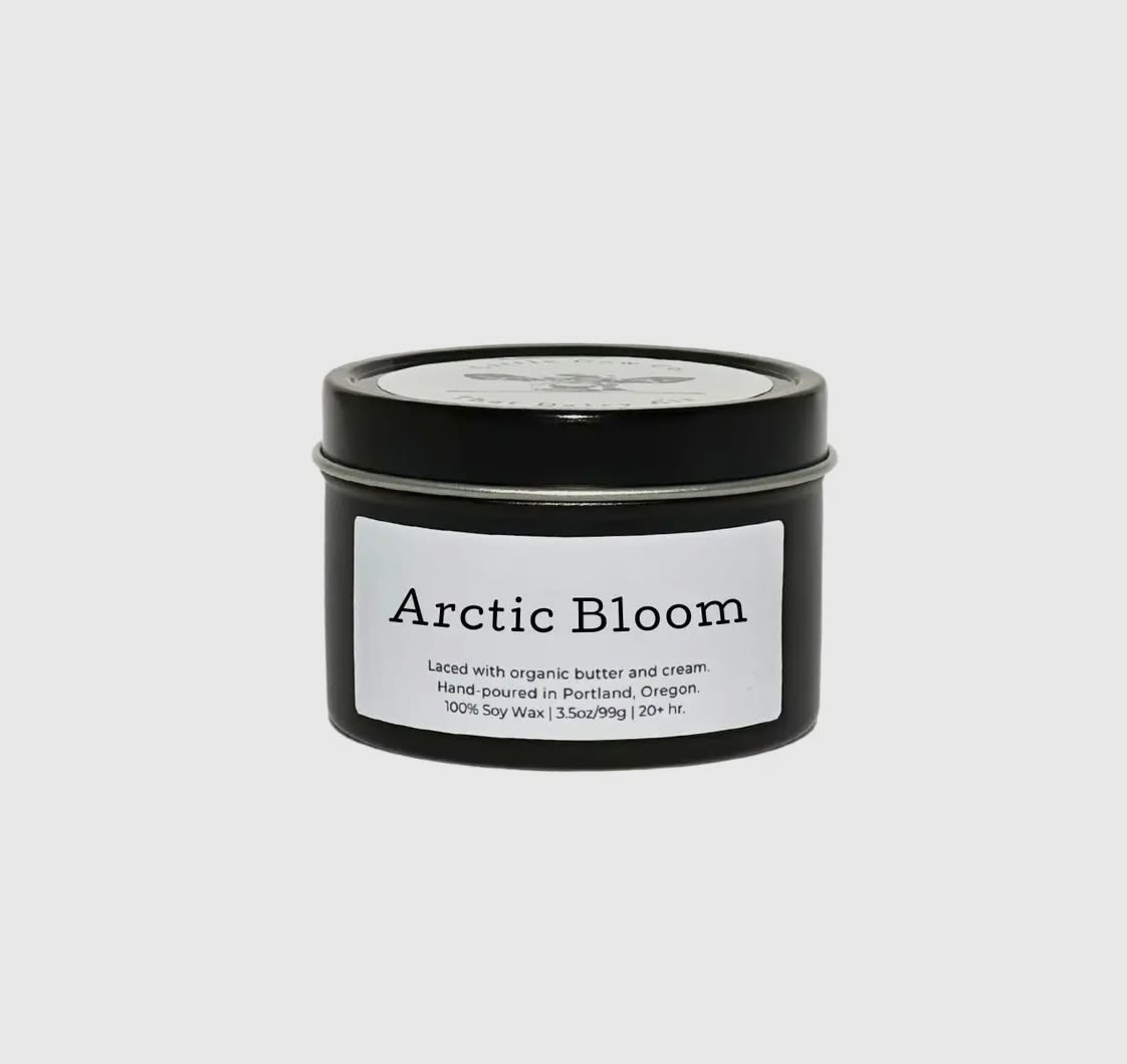 Arctic Bloom - Travel Tin - Arctic Bloom brings the fresh life of spring into your home, with the lite, floral scents of lily of the valley and lilac. Undertones of bergamot and musk balance out the sweetness for a well-rounded bouquet that will brighten your space.  100% Natural Soy Wax, Laced With Organic Butter. Clean burning, subtle, amazing.  