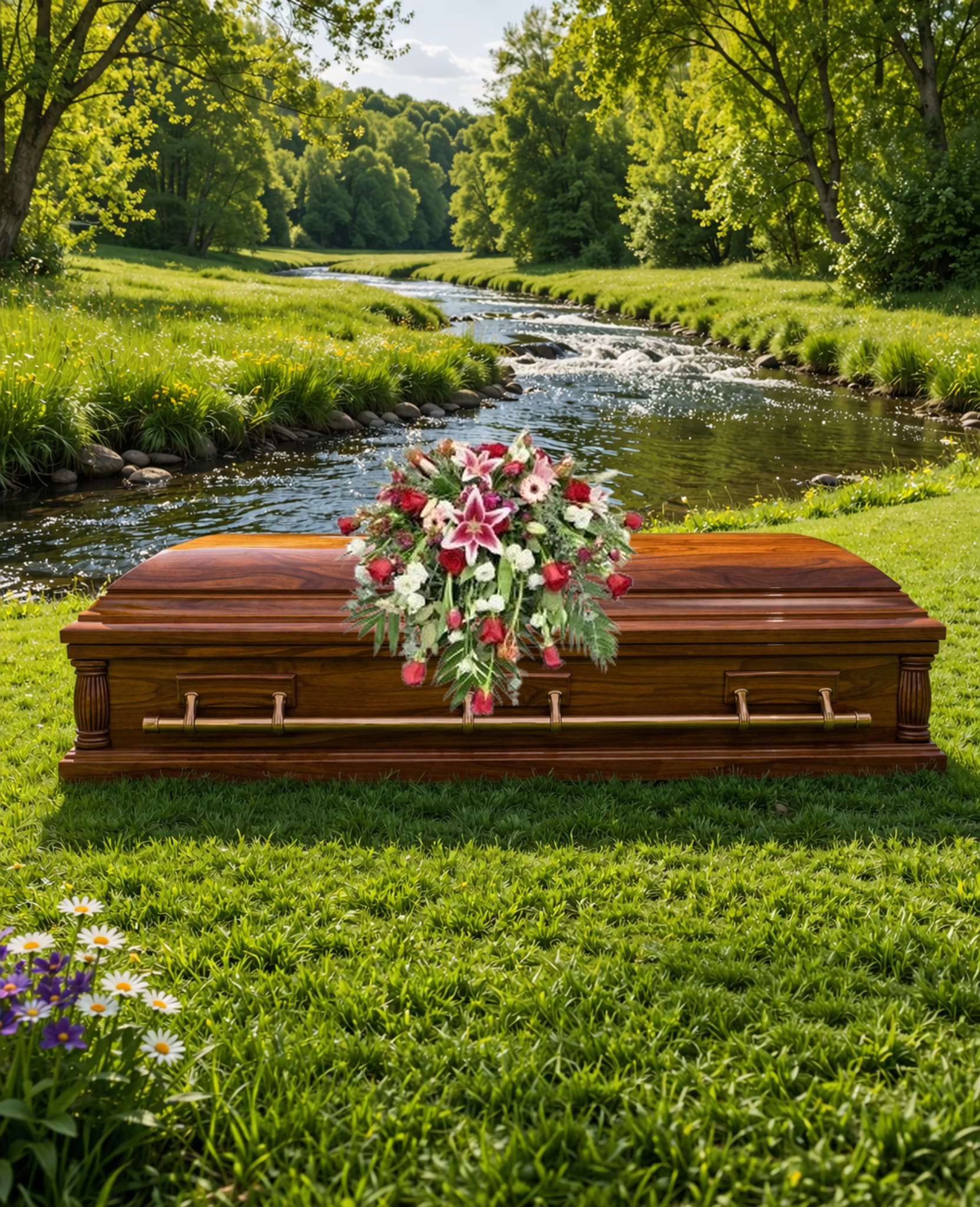 Pink and white casket spray with lilies and roses on a wooden casket in a grassy riverside setting