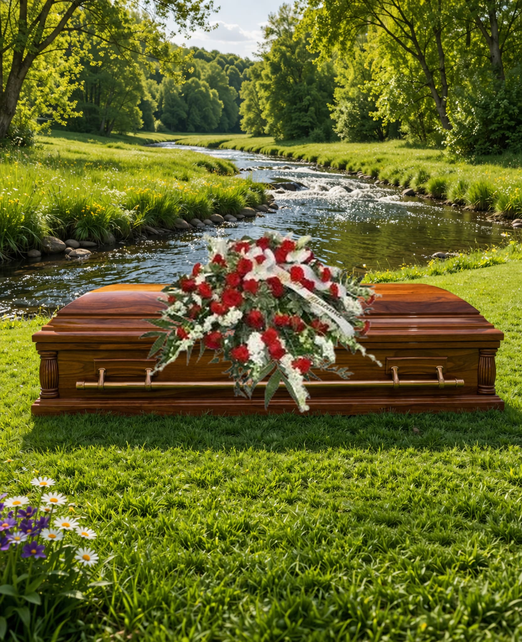 Red and white funeral spray on a wooden casket beside a river in a green meadow.
