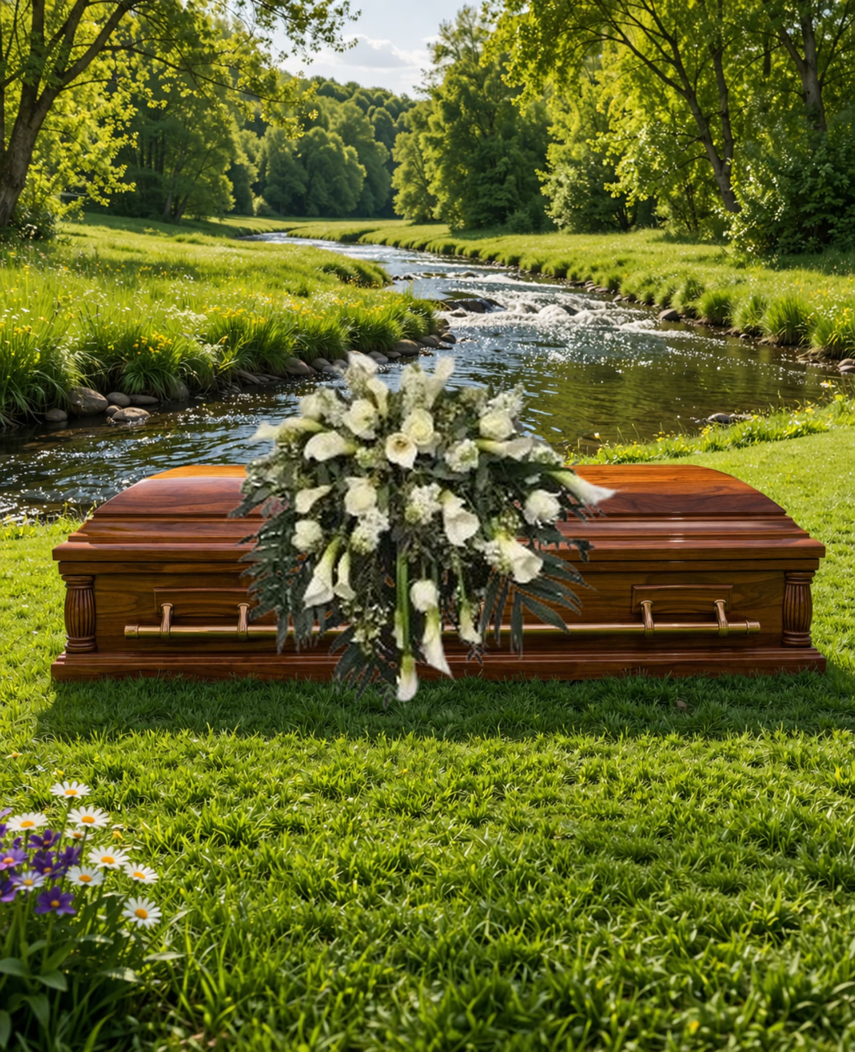 White rose and calla lily casket spray on a wooden coffin beside a grassy riverside