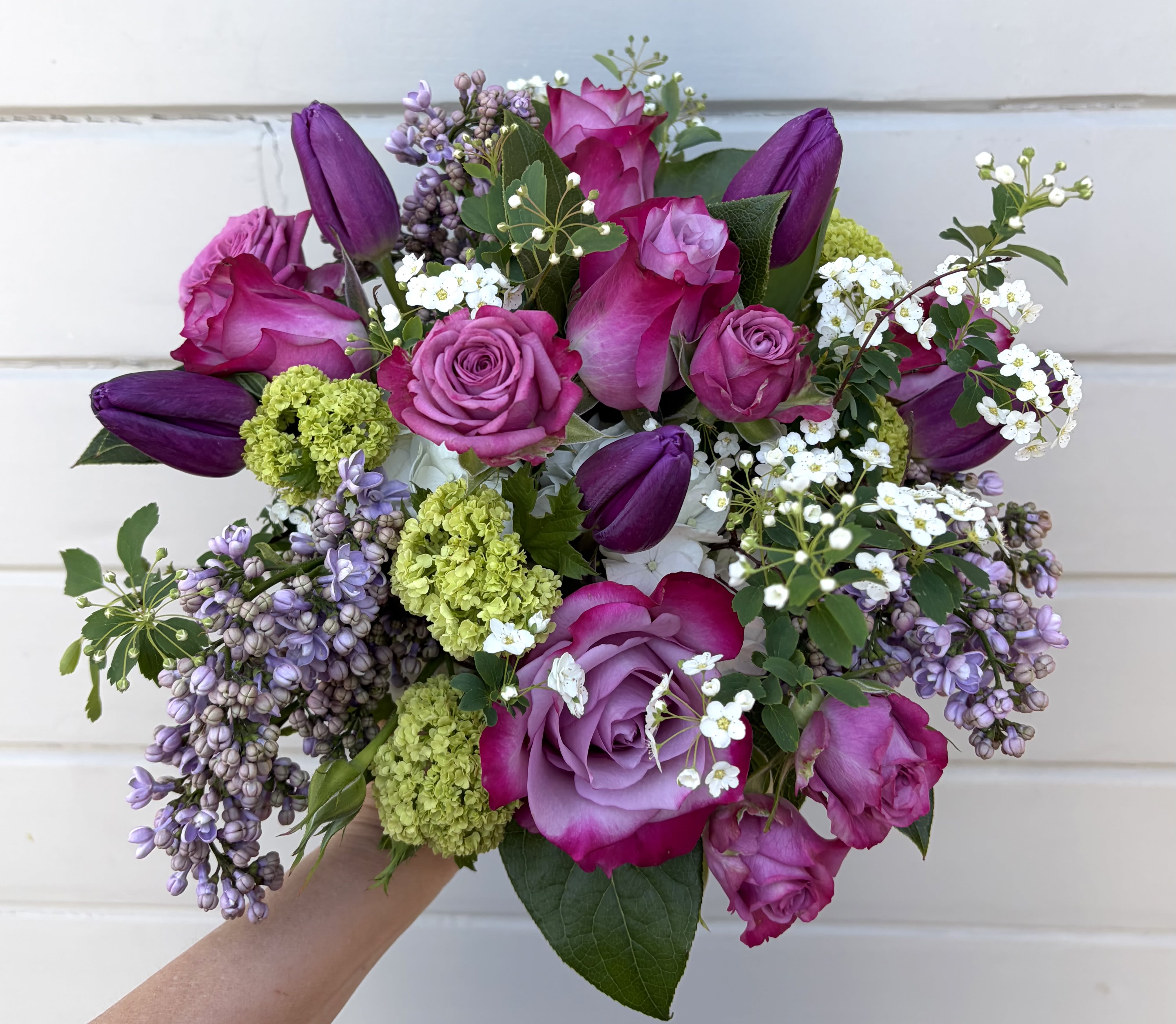 Spring Purples in hourglass vase - Available while lilacs and viburnum are in season!