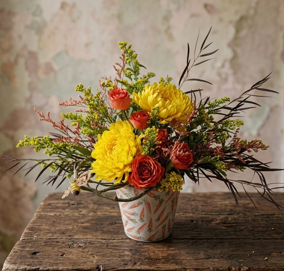 Springtime Cheer - Springtime Cheer – Easter &amp; Spring Flowers in Lacey, WA  Celebrate Easter and the fresh energy of spring with Springtime Cheer, a vibrant floral arrangement from Specialty Floral Design, your local Lacey florist. This cheerful bouquet features yellow chrysanthemums, golden solidago, and bright orange roses, designed to bring warmth, light, and seasonal joy to any space.  Presented in a whimsical tin container with a baby carrot print, this Easter-inspired design adds a playful touch to holiday décor. Curly willow branches create natural movement, while a decorative bumblebee lands delicately on the stems, capturing the spirit of spring.  Perfect for Easter gifts, spring celebrations, birthdays, or get-well wishes, Springtime Cheer brightens any occasion with its joyful colors and thoughtful design. Each arrangement is handcrafted with care for a fresh, beautiful, and memorable display.  Specialty Floral Design offers same-day flower delivery in Lacey, Olympia, Tumwater, and surrounding areas, making it easy to send seasonal cheer to your loved ones. Call 360-688-6608 to order your Springtime Cheer today! 