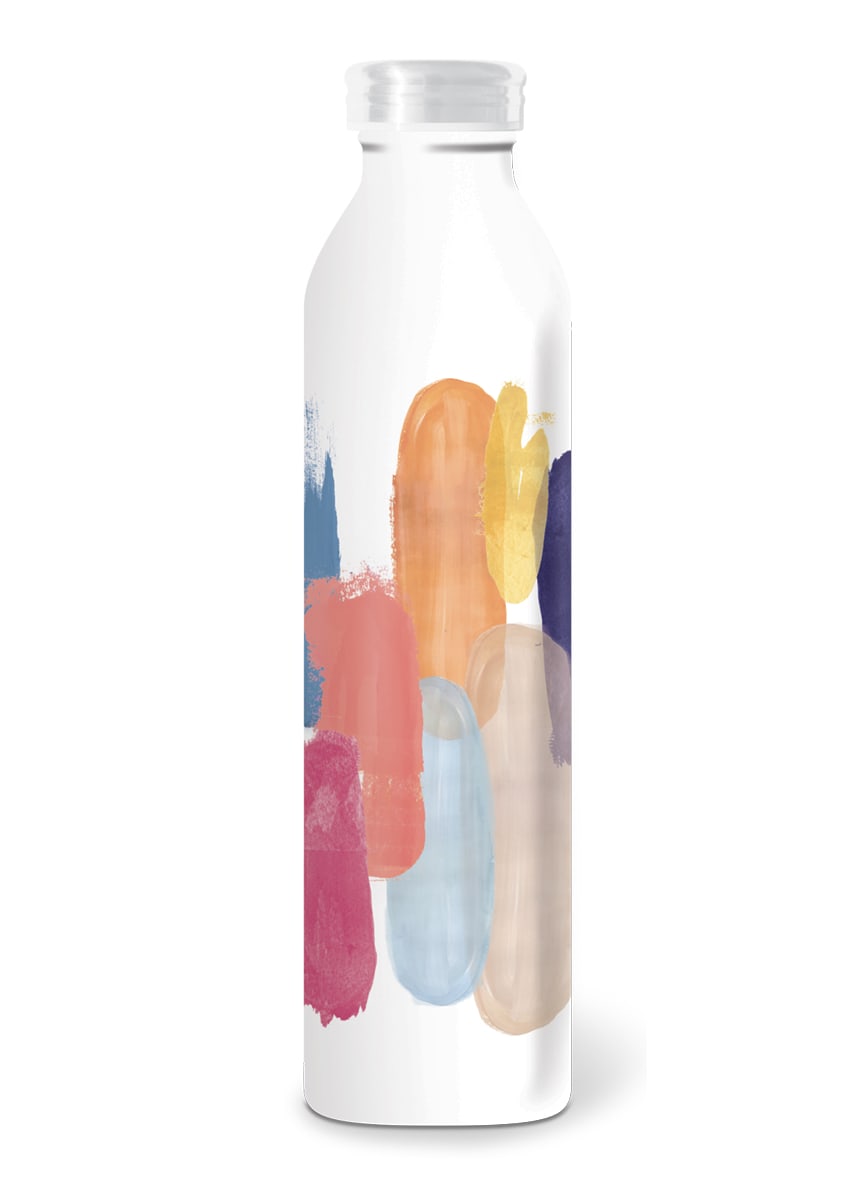 White reusable bottle with colorful abstract brushstroke design