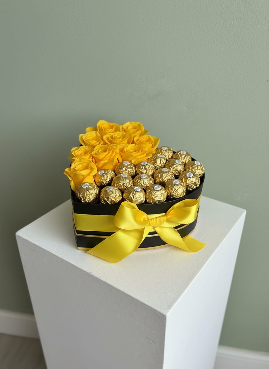 Heart-shaped box with yellow roses and gold-wrapped chocolates tied with a yellow ribbon