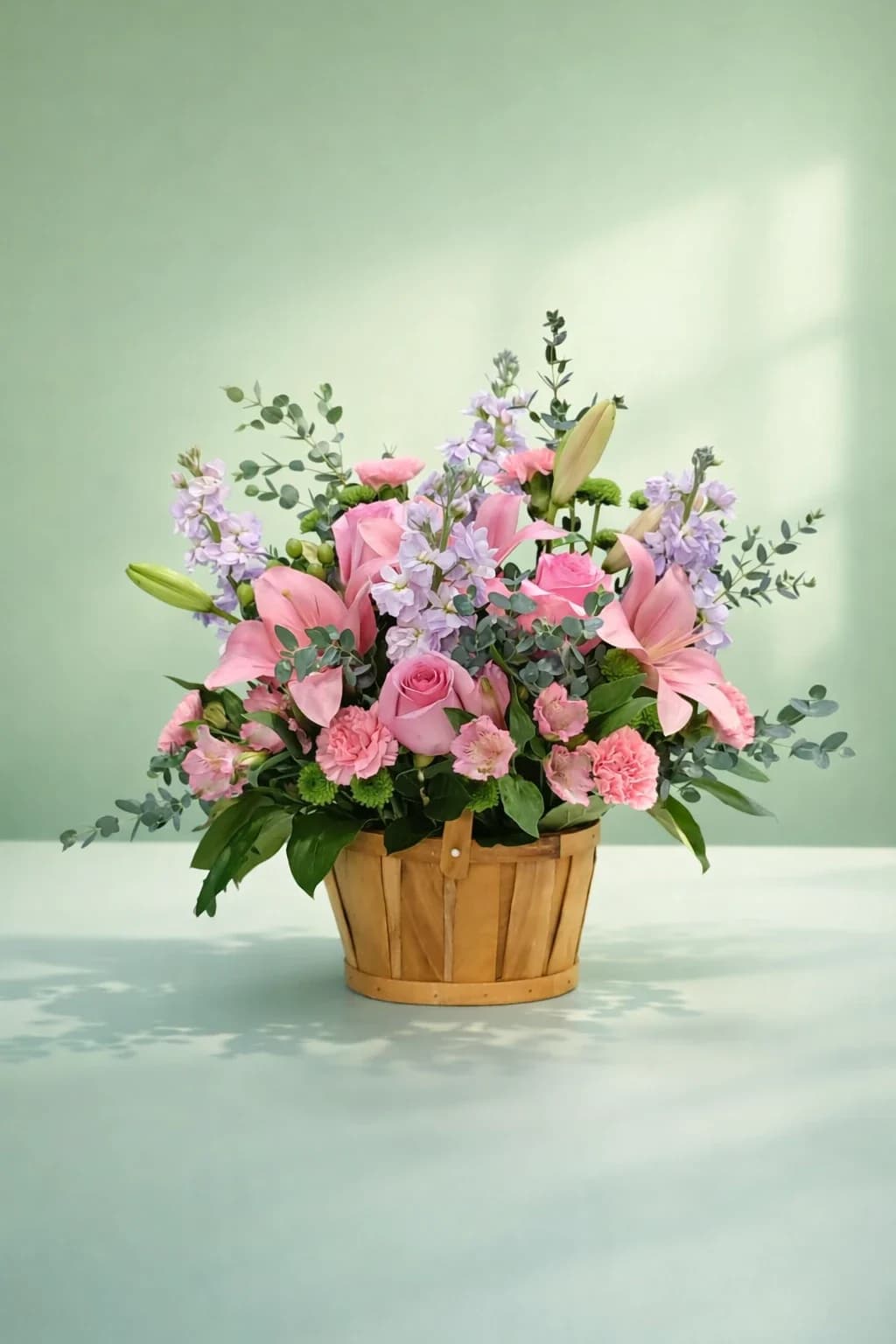 Pink lilies, roses, and carnations in a wooden basket