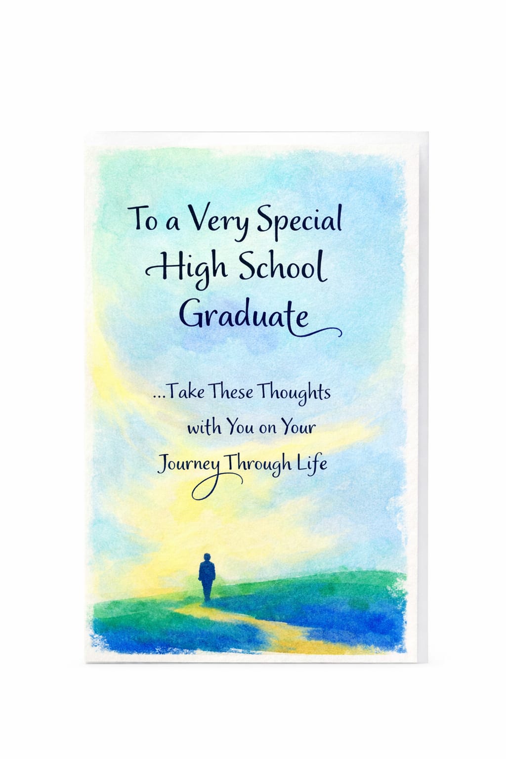 High school graduation greeting card with watercolor landscape and walking figure