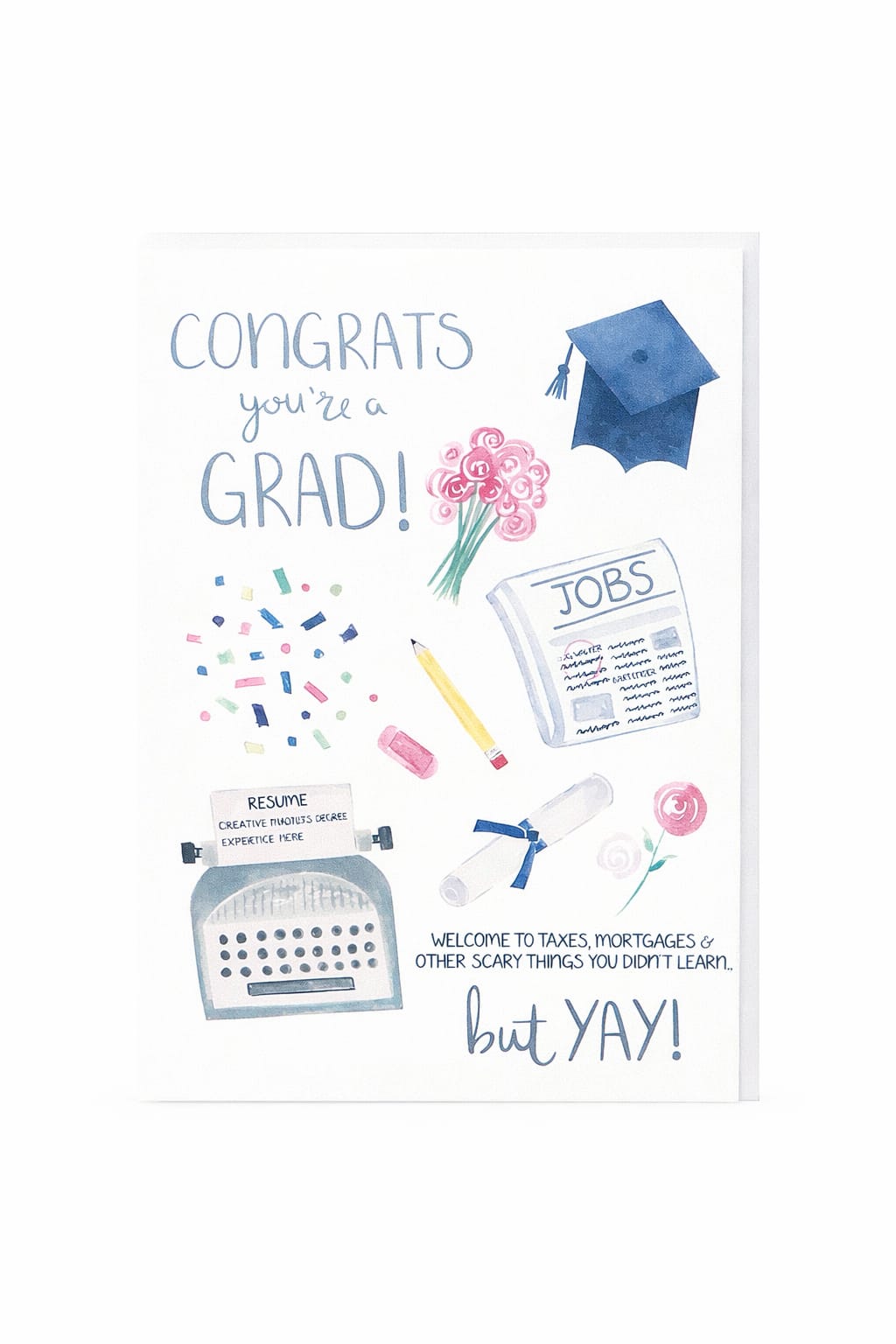 Graduation greeting card with cap, bouquet, confetti, and job-themed illustrations.