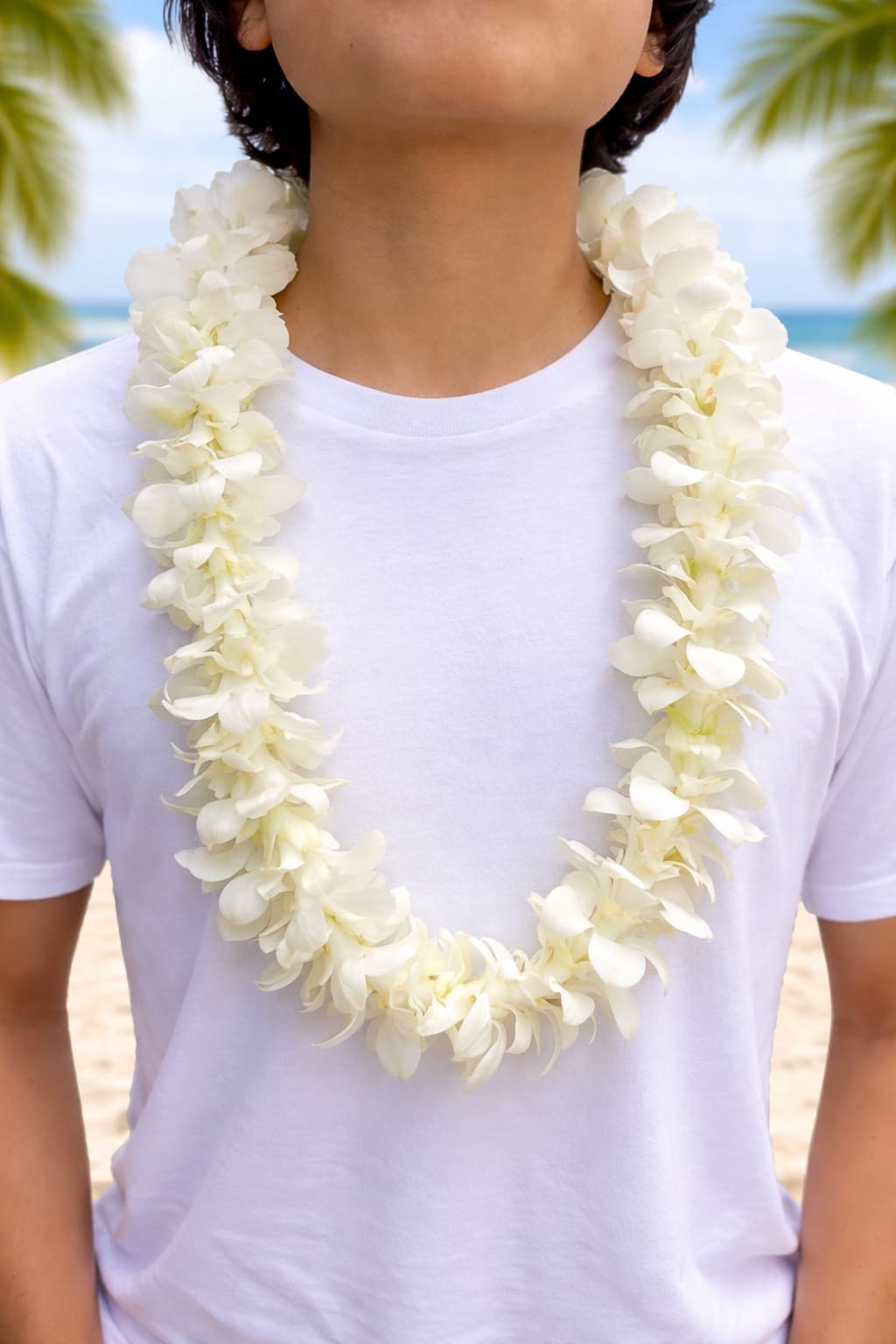 Orchid Elegance Lei - Pure white dendrobium orchids strung into a classic lei create an elegant, island-ready gift perfect for graduations, beach weddings, or any tropical celebration. This white flower lei drapes softly around the neck, giving the person you're honoring an immediate sense of welcome and celebration-the kind of simple, fresh gesture that makes someone feel seen and celebrated at a milestone or festive gathering.  Hand-strung with densely packed dendrobium orchid blossoms, the lei presents a smooth, continuous row of pristine white blooms that sit comfortably against the skin. Its length forms a generous loop designed to hang naturally over casual or dressy attire, evoking sandy beaches, palm trees, and ocean breezes. Ideal for gifting at ceremonies or as a thoughtful aloha-style greeting, this lei arrives ready to wear; keep it cool and hydrated until presentation to preserve the orchids' crisp petals.