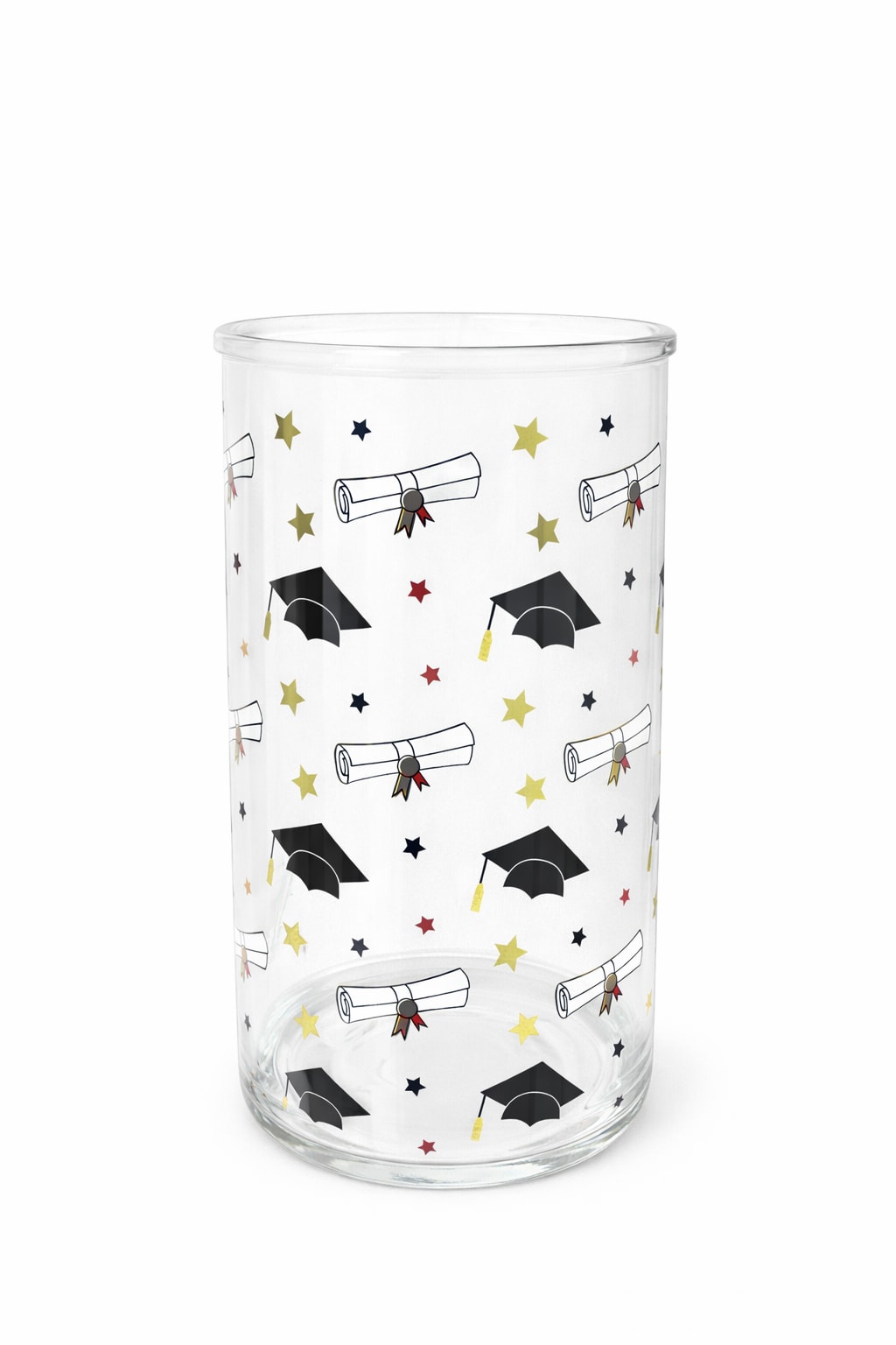 Clear glass tumbler with graduation cap and diploma pattern