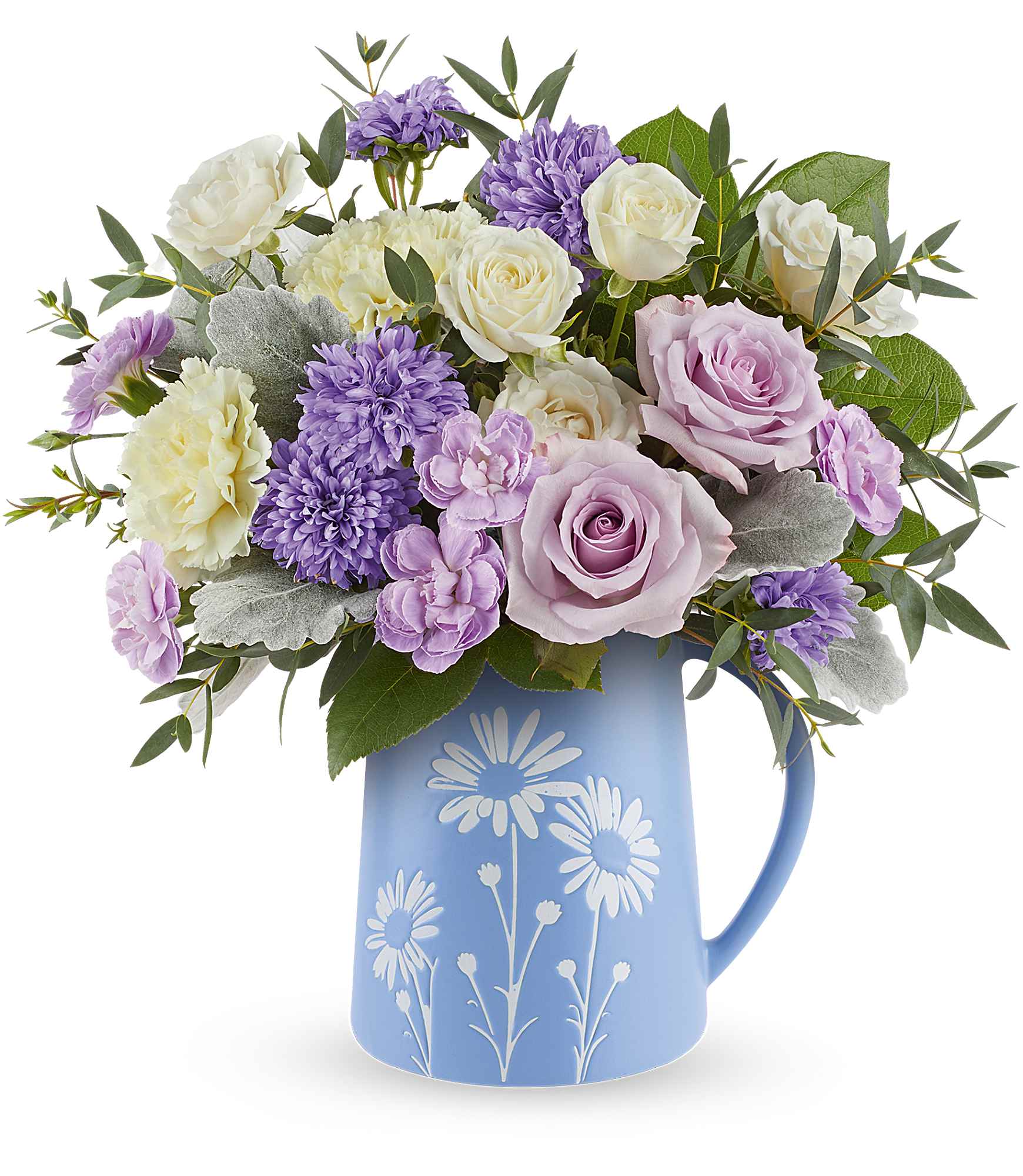 Lavender and white roses and mums arranged in a blue daisy-print ceramic pitcher