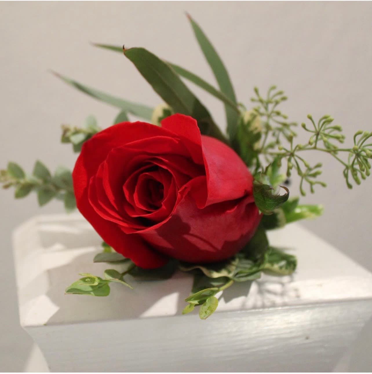 Single red rose boutonniere resting on a white surface