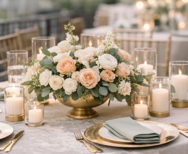 Low centerpiece of peach and white roses in a gold bowl surrounded by glass candles on a wedding table