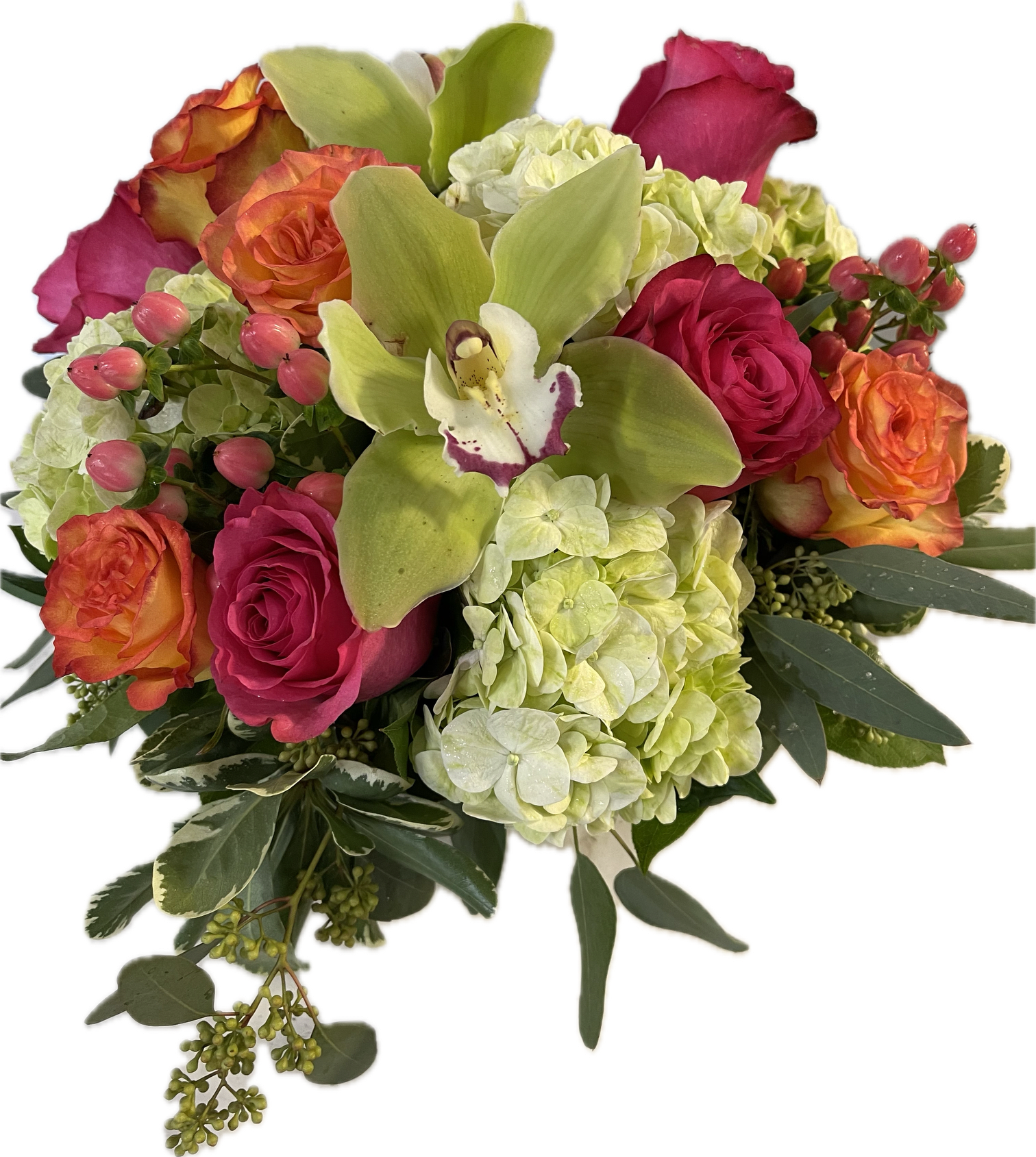 Colorful arrangement of hot pink roses, orange roses, green hydrangeas, and a green orchid