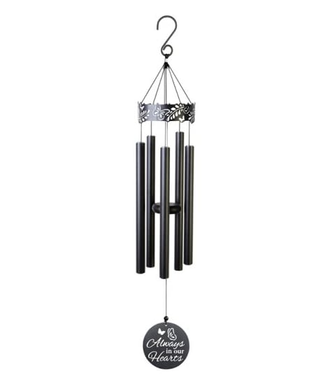 Black metal wind chime with decorative top and memorial disc reading "Always in our Hearts".