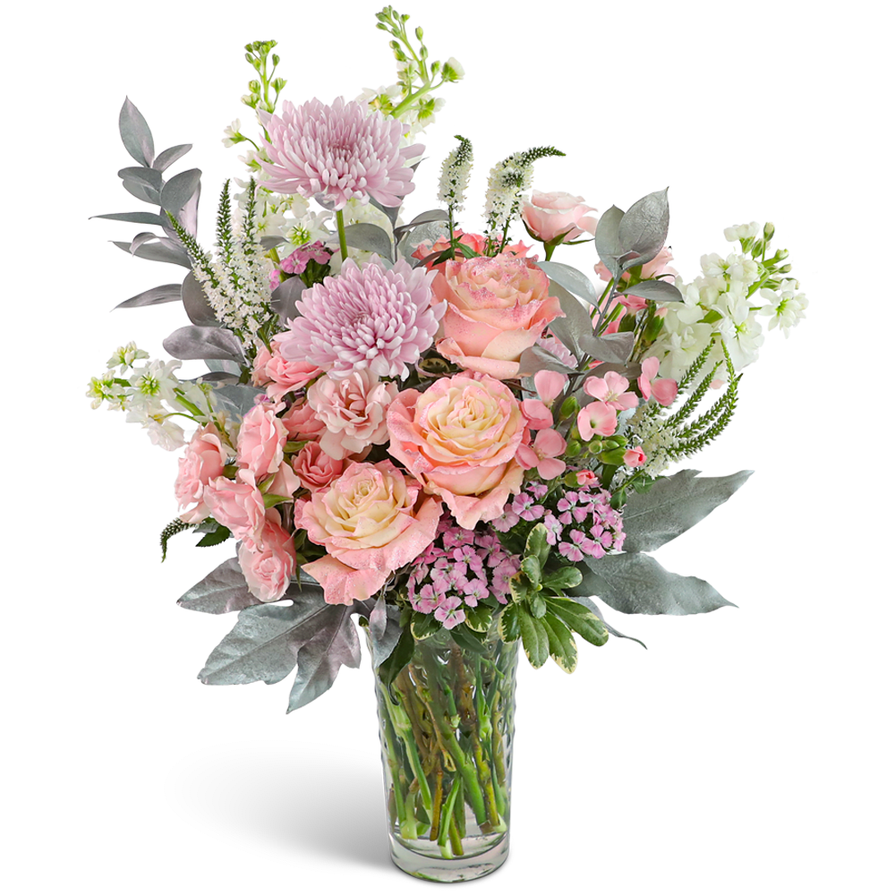 Pastel Pink Enchantment - "Our Pastel Pink Enchantment design features a vibrant mix of glittery Roses, Cremons, Veronica, Stock, Dianthus, Solomios, and premium silver foliage. It brings a whimsical touch to any room, creating an enchanting atmosphere. This stunning design is available for flower delivery, making it the perfect way to send a magical gift to someone special. As a trusted local florist, we take pride in every order, offering hand-crafted flower designs delivered directly to the recipient. Our flower shop is committed to providing the highest quality, freshest flowers, and ensuring timely delivery for every arrangement."