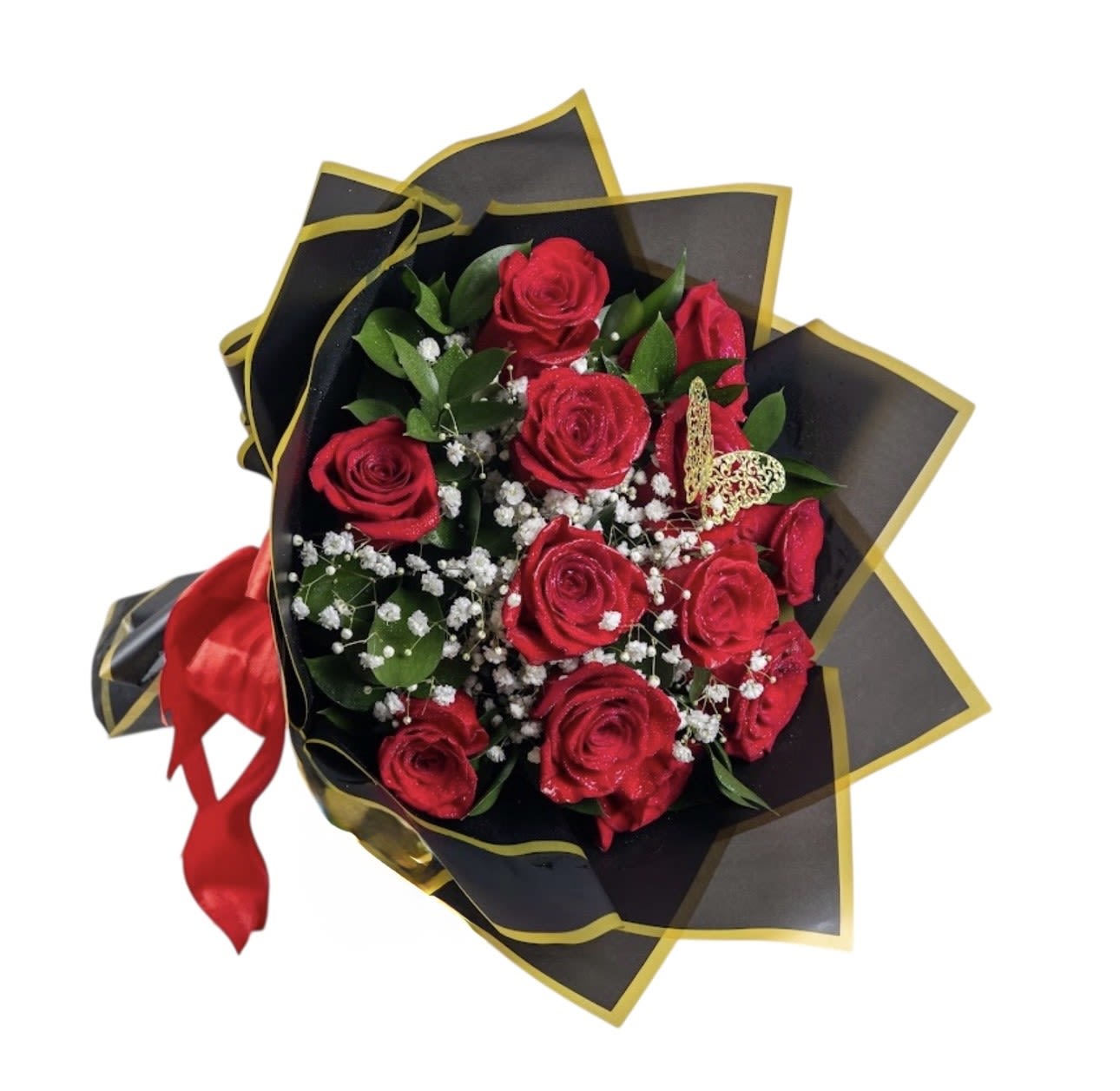 Dozen Red Fancy Wrapped Bqt - Beautiful Red Vibrant Long Stem Roses Made Into A Elegant Bouquet With Greens ,Baby's Breath And Gold Butterflies ,Wrapped In A Waterproof Black &amp; Gold Resistant Paper, With A Red Satin Ribbon To Give It A Elegant Look.