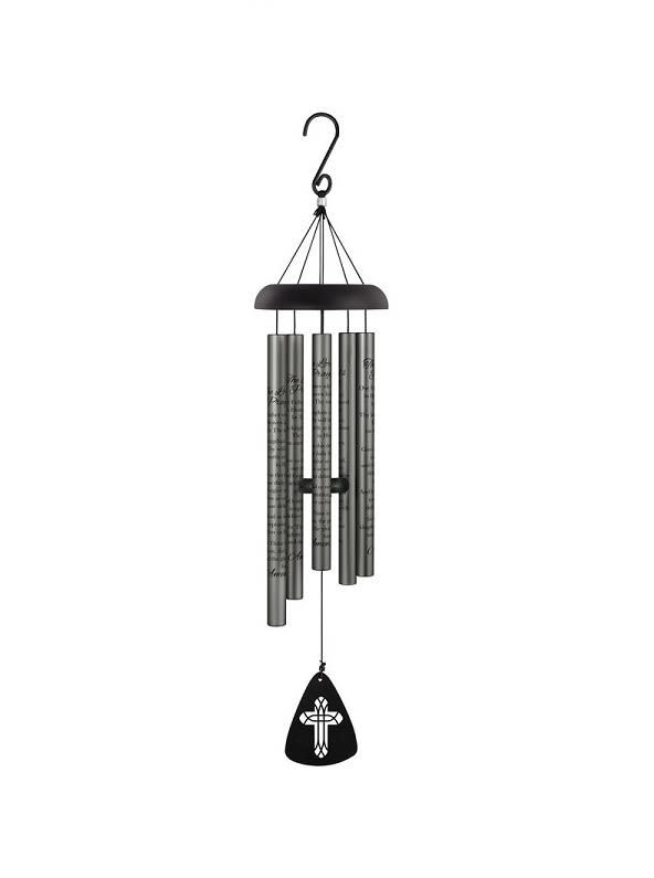 Black and silver metal wind chime with engraved tubes and a hanging cross motif sail.