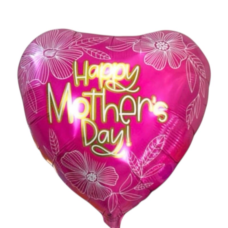 Happy Mother’s Day Balloon ( Pink Heart)  - A glossy pink heart-shaped foil balloon that reads "Happy Mother's Day!"-its reflective surface and playful yellow-and-white lettering make a cheerful, affectionate accent for a Mother's Day bouquet or gift. The white line-drawn flowers and leaf motifs framing the message add a light, celebratory feel that reads clearly from across the room; perfect for honoring a mother or mother figure with warmth and joy.  This hard-good add-on pairs beautifully with floral arrangements or stands proudly on its own as a small, festive surprise. The mylar balloon is heart-shaped, vivid pink, and finished with a shiny reflective coating that catches light; its graphic details and bold script give instant personality to any gift. Order it as a single accent or include it with a bouquet to ensure she feels celebrated-balloon arrives inflated and ready to display.