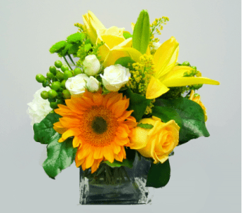 Bright arrangement with a sunflower, yellow lilies and roses, and white spray roses in a clear glass cube vase