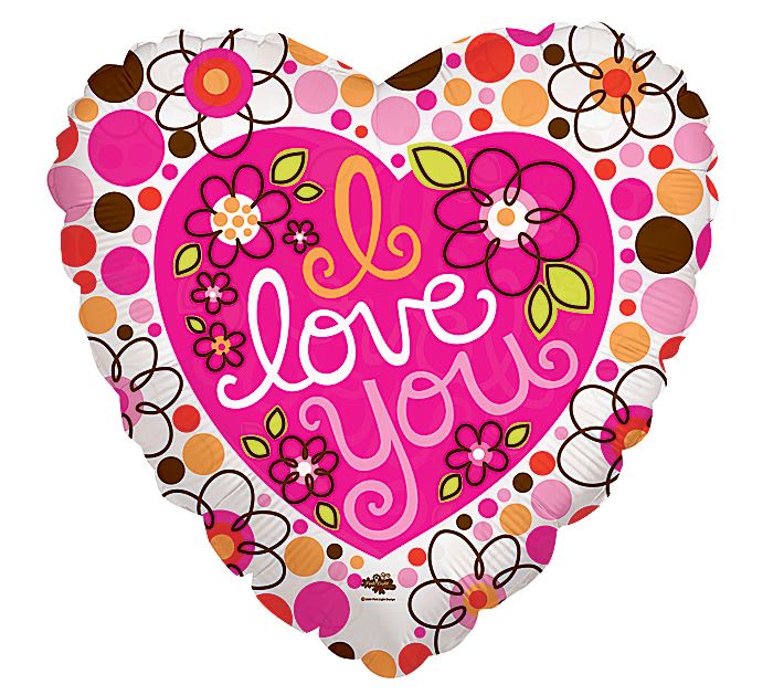 Heart-shaped foil balloon with pink center, colorful dots, and “I love you” text.