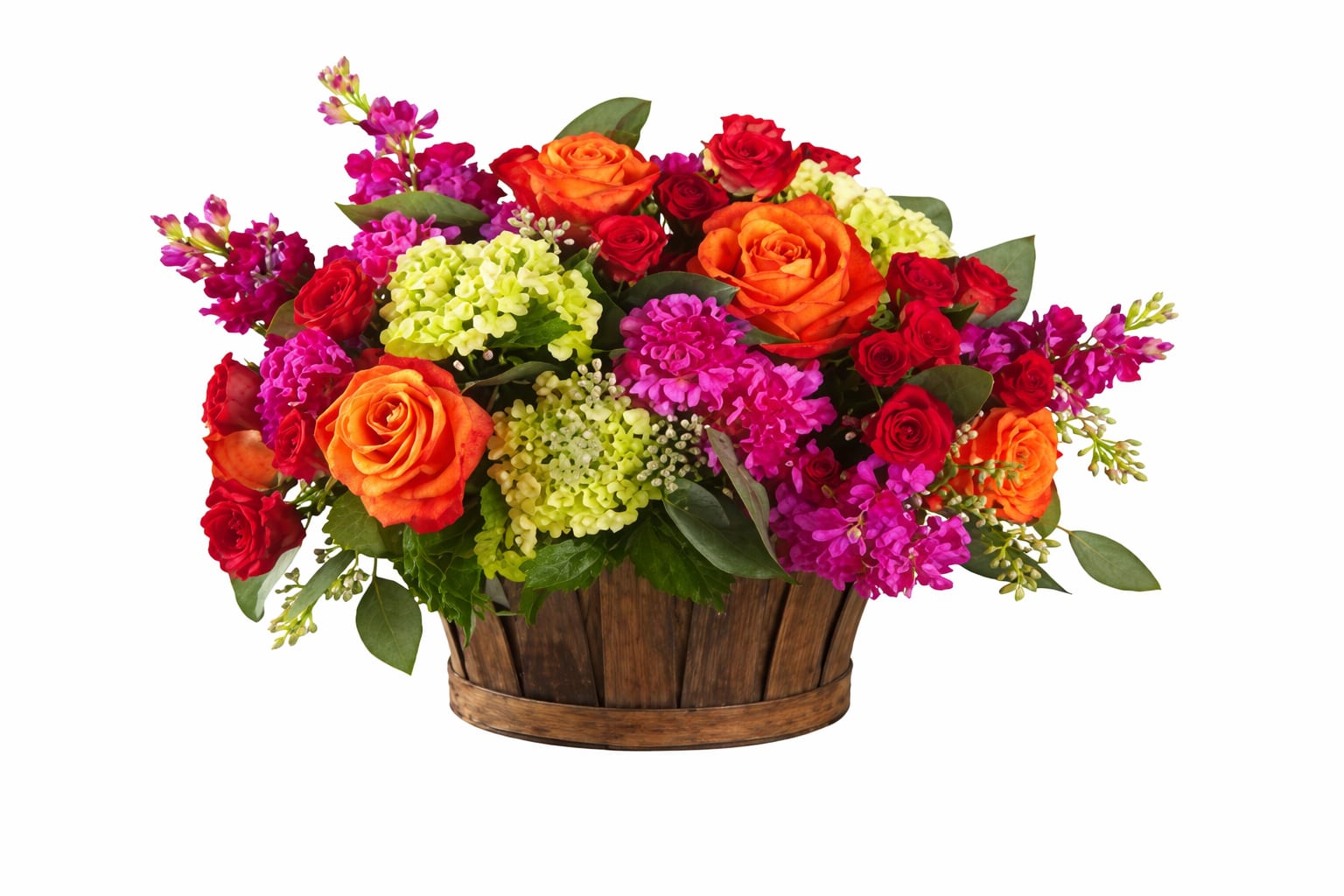  New Sunrise Bouquet - Orange Roses, Magenta Stock and Green Hydrangea arranged in a split wood basket