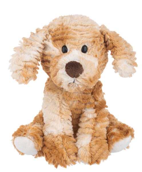 Tan and cream plush puppy dog stuffed animal sitting upright