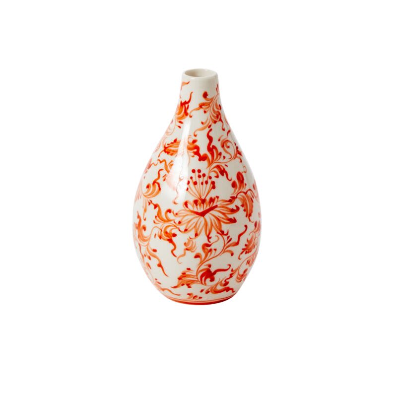 Coral Eleanor Collection - A modern, functional take on classic chinoiserie, the intricately hand painted Elodie Budvase is a seamless blend of old &amp; new with elegant, coral-colored floral patterns on white stoneware. Made with the floral designer in mind with a tapered neck &amp; slim opening that's ideal for arranging, this on-trend vase provides a vintage sensibility to wedding or event design, dining tablescapes, or cocktail table centerpieces. For a coordinated look, layer with other Elodie or Eleanor items.