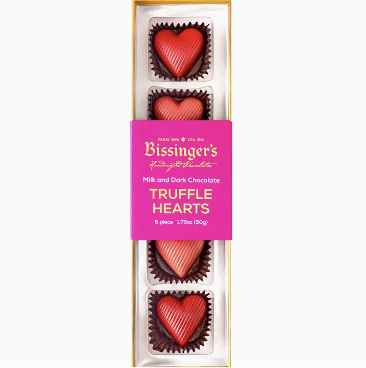 Rectangular box of five red heart-shaped chocolate truffles with pink branded sleeve