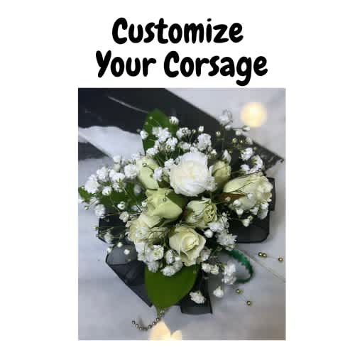 CUSTOMIZE YOUR OWN CORSAGE - Hello Please Feel Free To Customize Your Own Corsage it will be easier to give us a call at 937-689-6325 but if you'd like to proceed online then please answer the following questions  1) What color rose would you like (red or white) 2) What color ribbon (aka what color is the dress and suit)  3) What color for accents (silver jewelry or gold jewelry)  4) any questions?